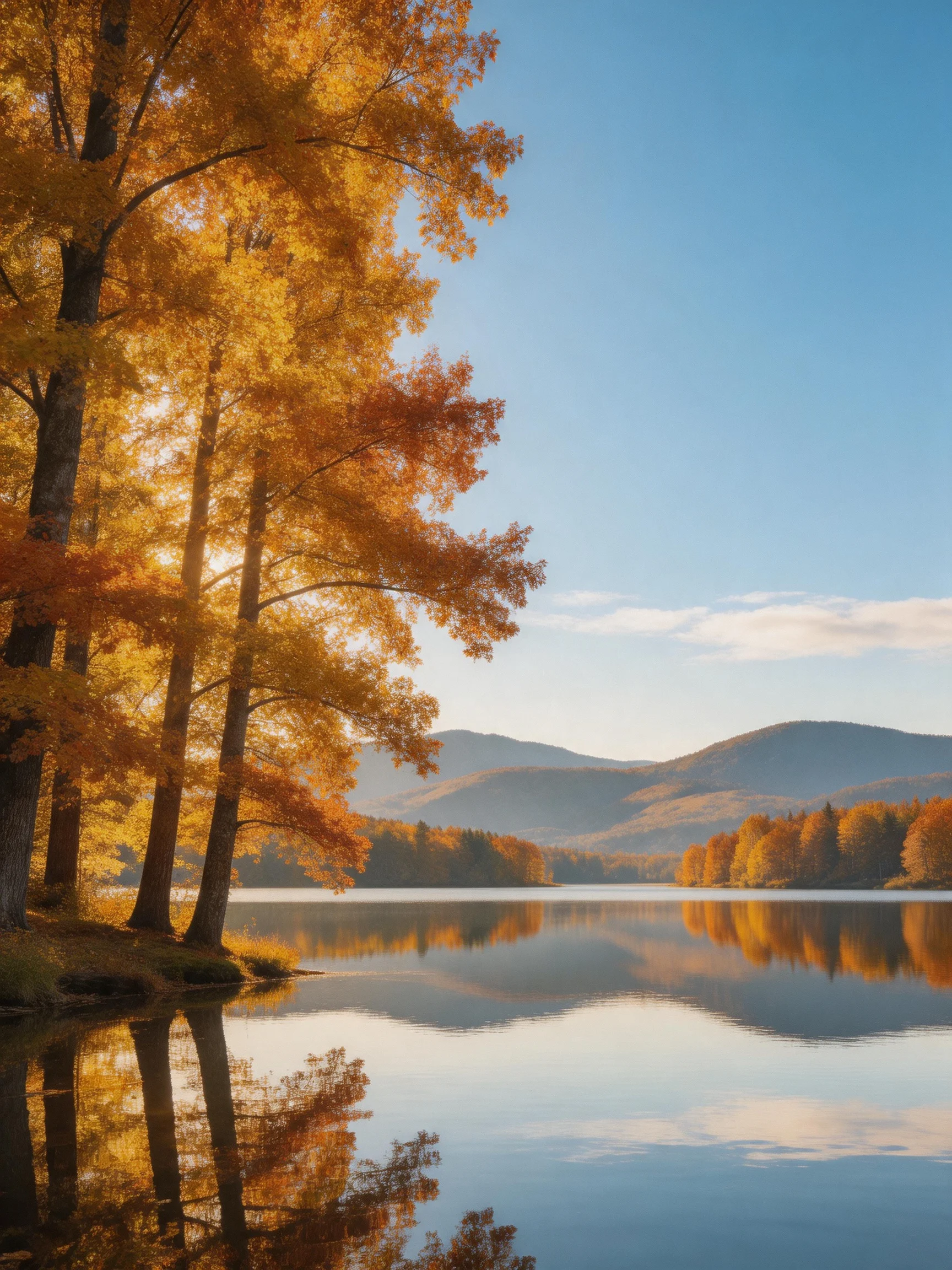 Golden autumn trees reflecting in a calm lake near rolling hills