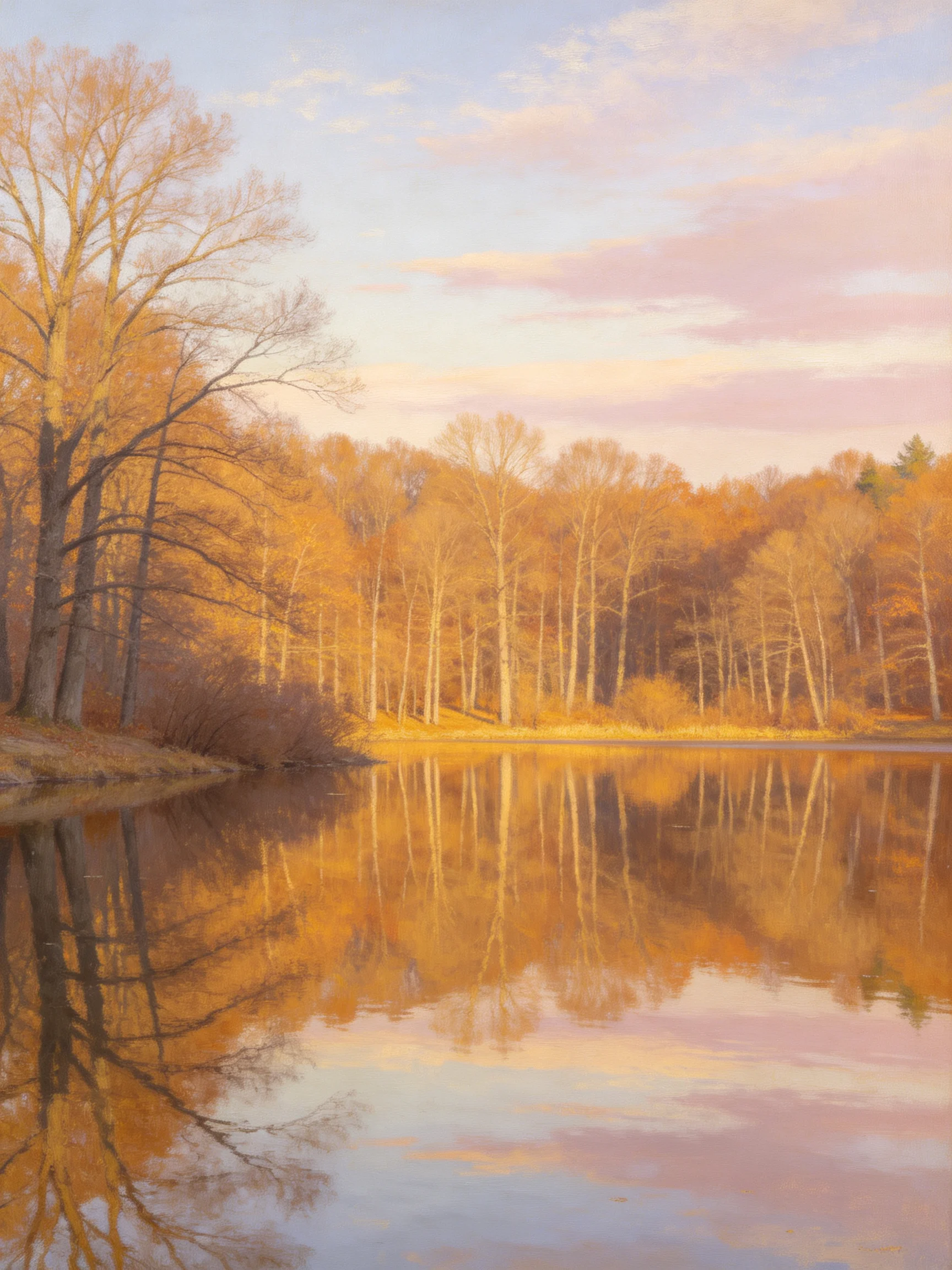 Golden autumn trees reflecting in a calm lake under pastel sky