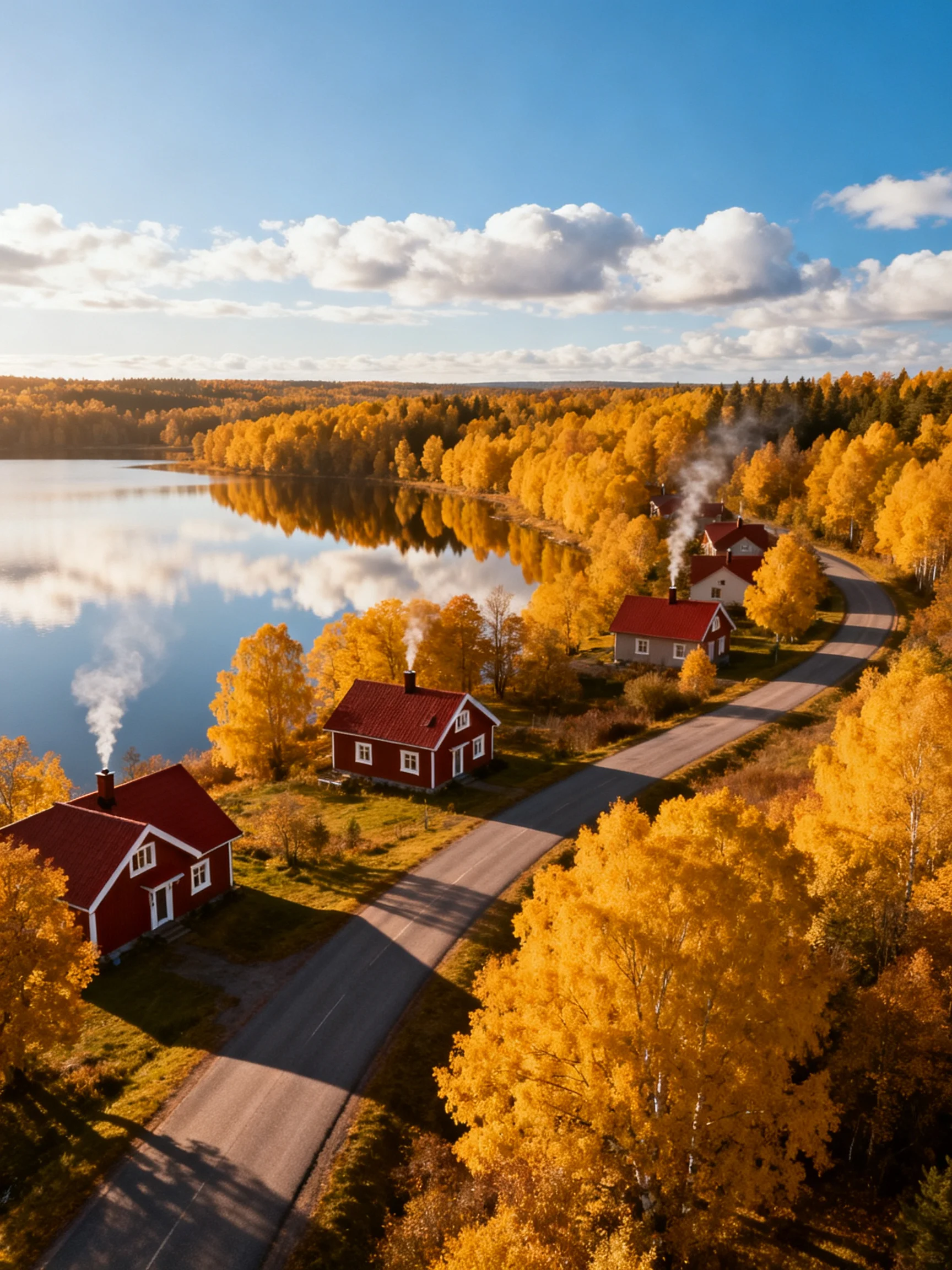 Golden autumn trees surround red cottages near a winding road and lake