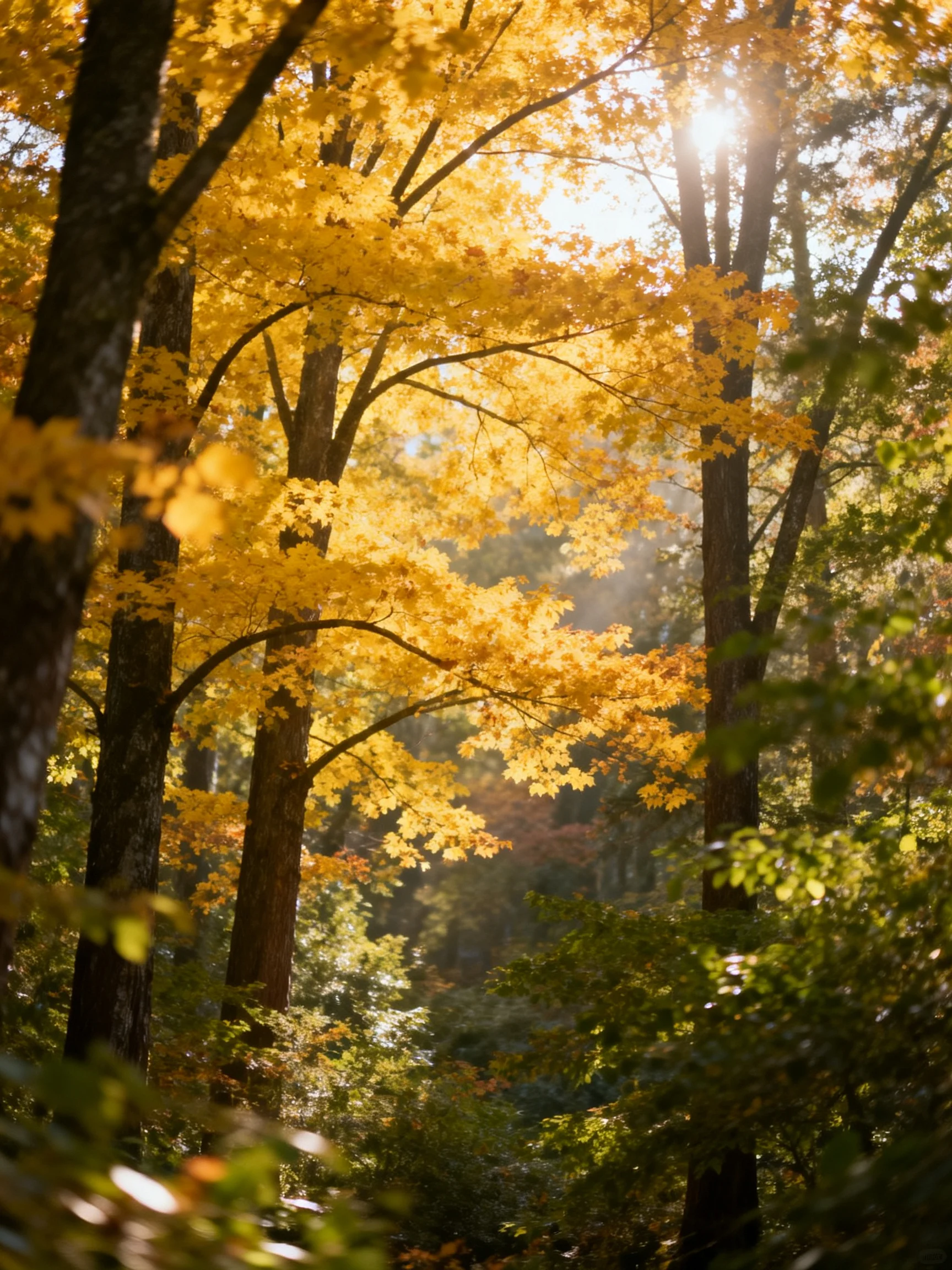 Golden autumn trees with sunlit foliage in dense woodland