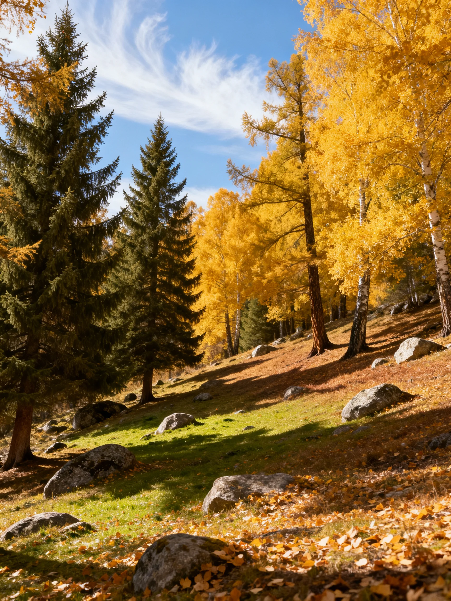 Golden birches and dark pines in rocky autumn landscape