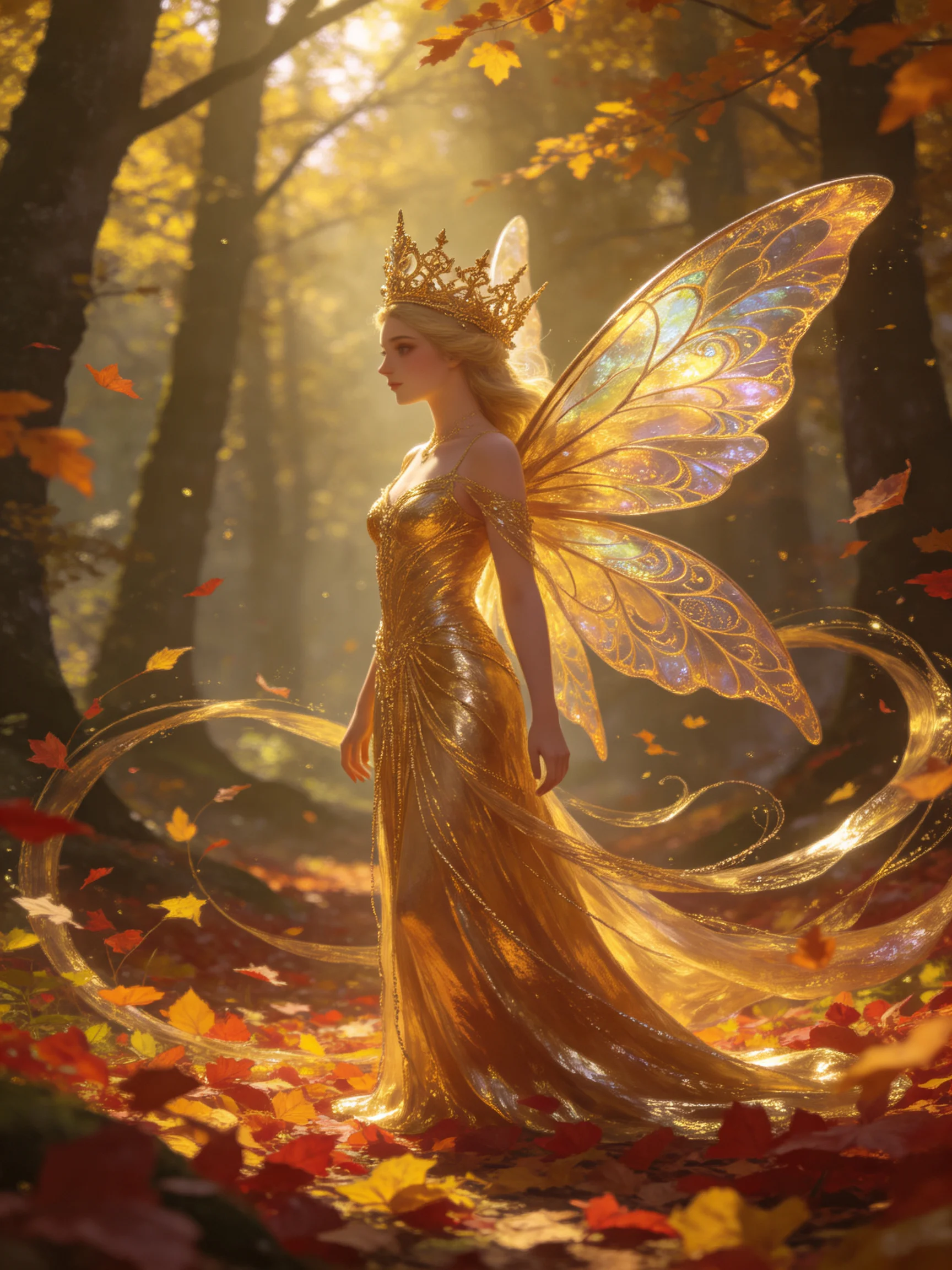 Golden fairy queen in sunlit autumn forest with iridescent wings