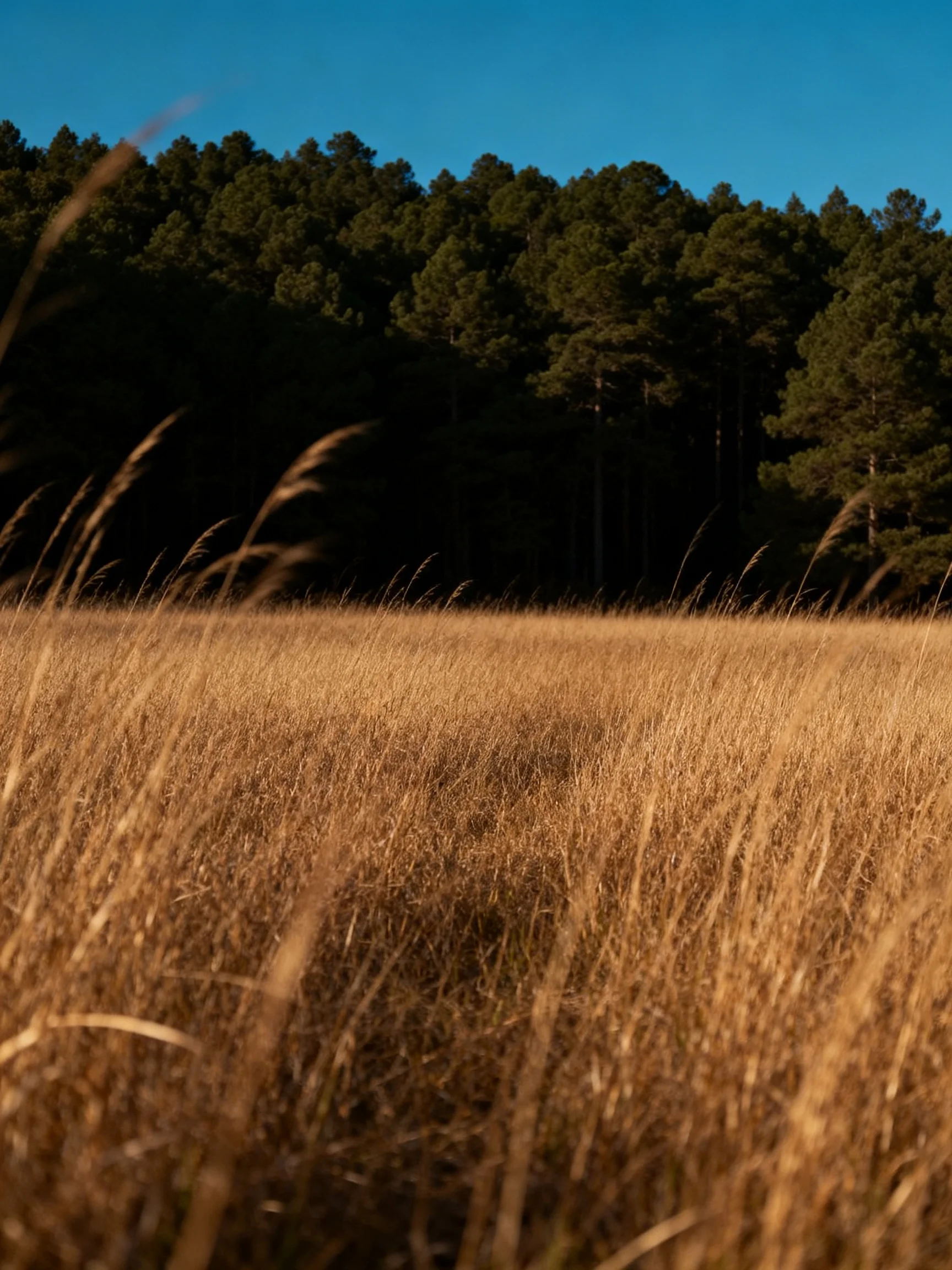 Golden field of tall grass near dense dark forest under clear blue sky