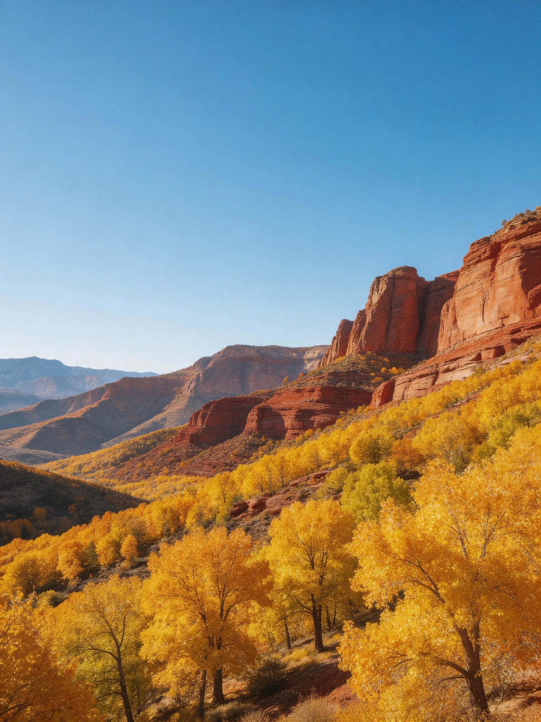 Golden foliage contrasts red rock formations amid mountainous terrain