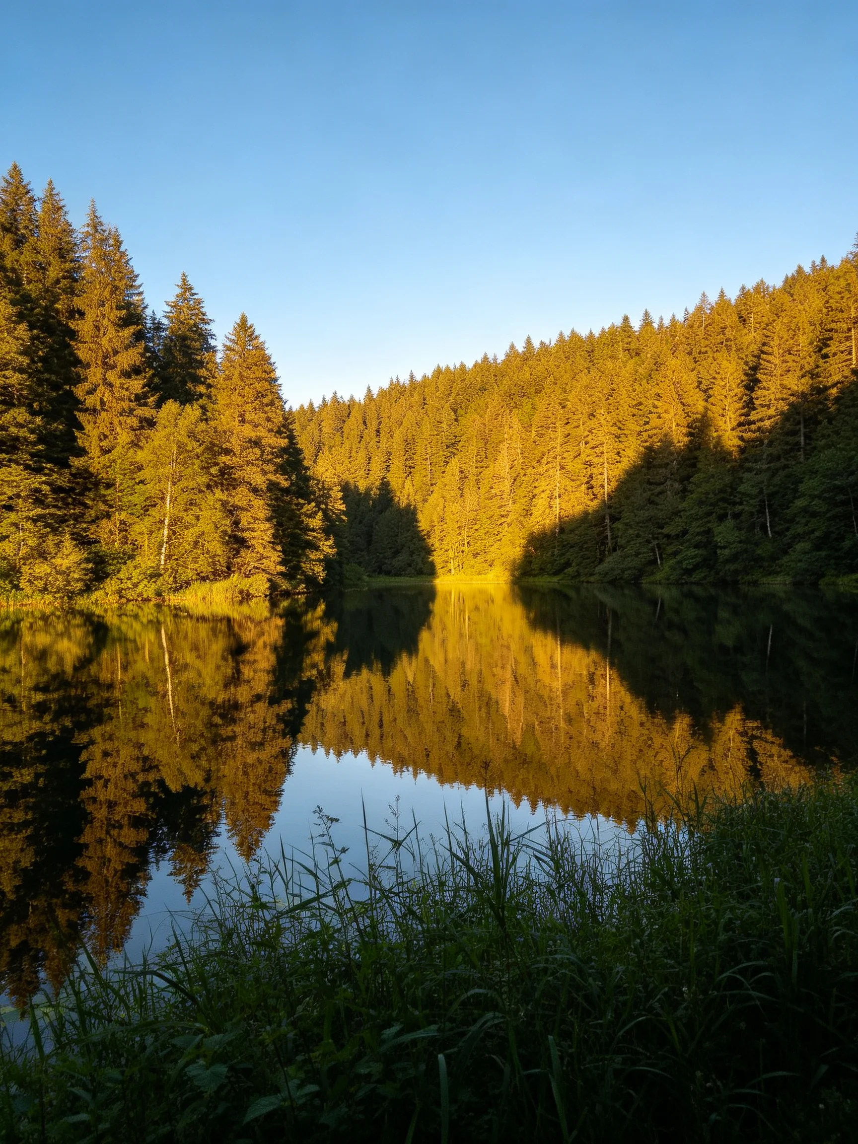 Golden forest reflected in calm lake waters under clear blue sky