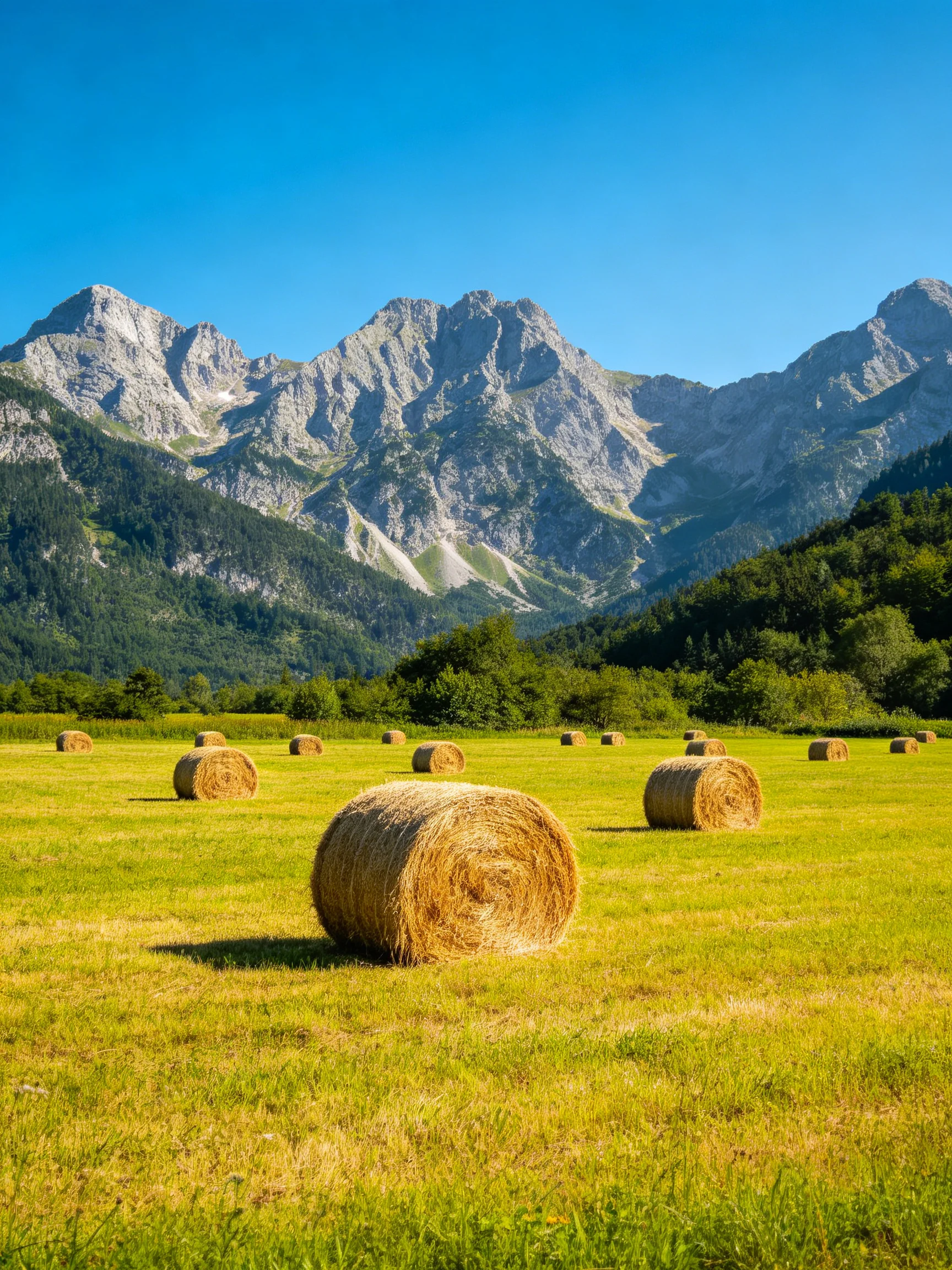 Golden hay rolls spread across a vibrant green meadow with rugged gray mountains