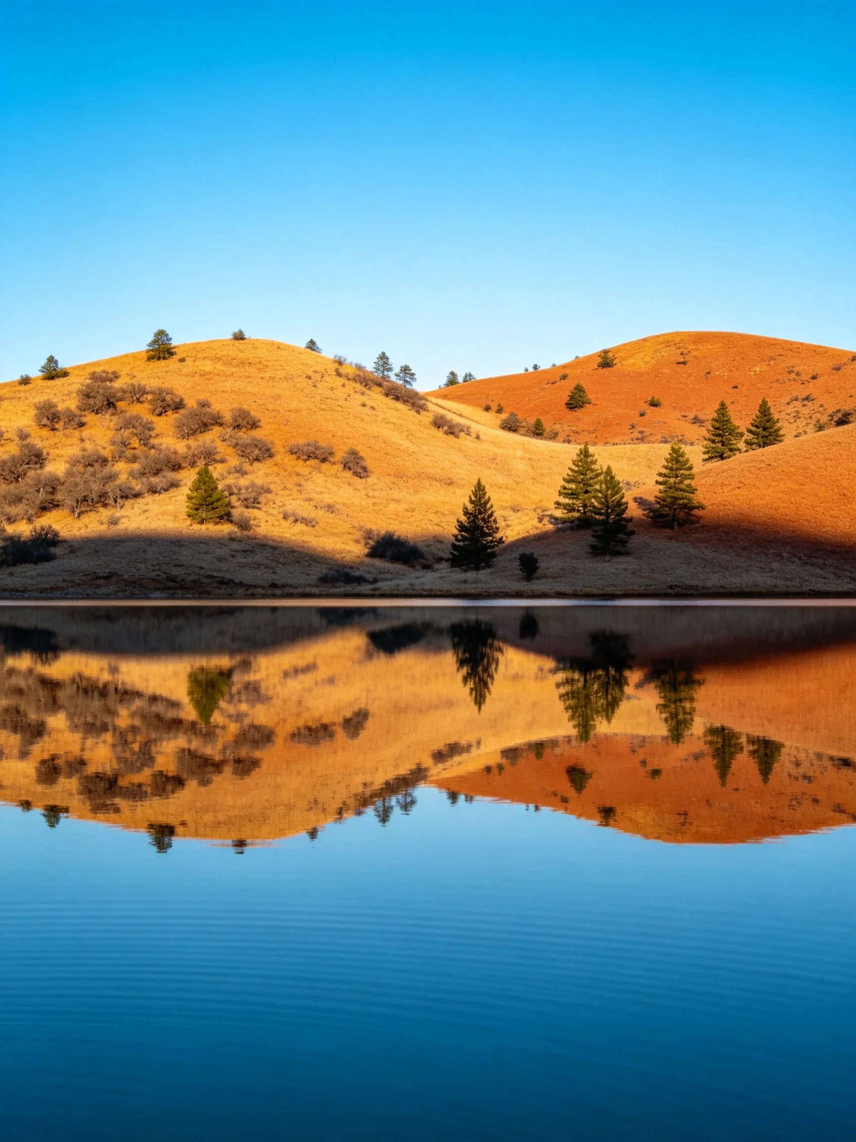 Golden hills reflected in calm blue water with scattered evergreens