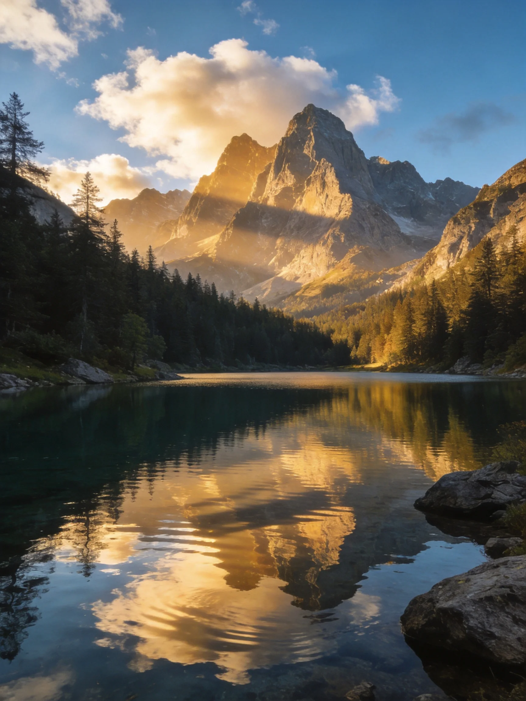 Golden-hour Mountain Lake Reflects Towering Peaks Among Forested Slopes