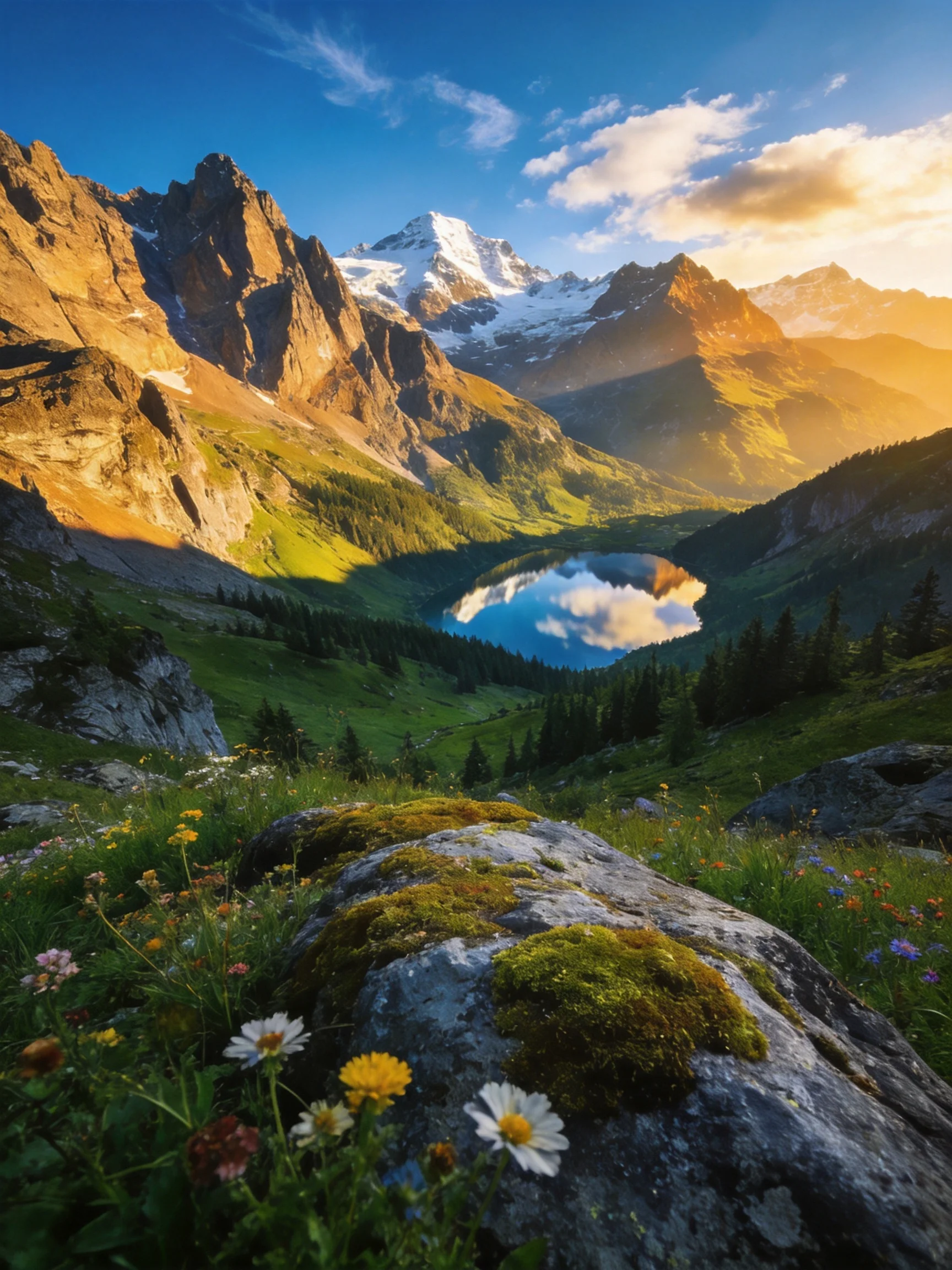 Golden-hour alpine landscape with snow-capped peaks and reflective lake