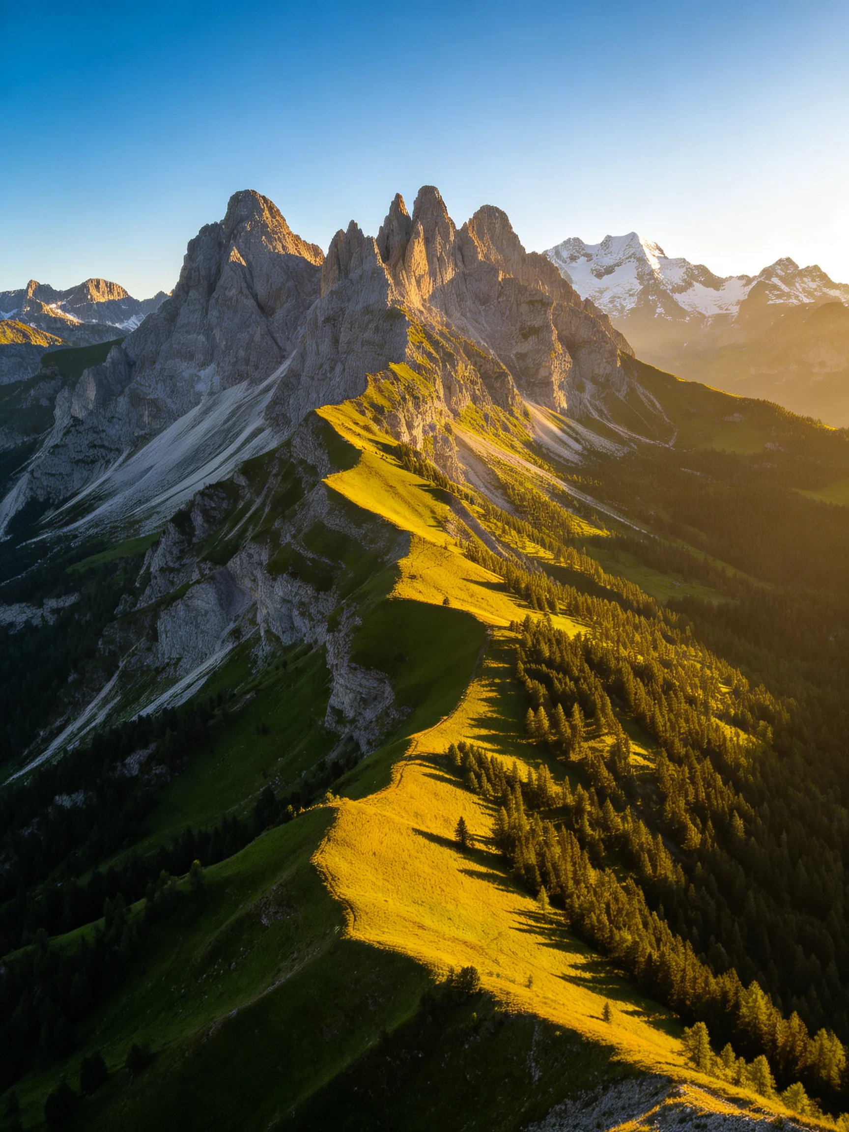 Golden-hour light illuminates rugged mountain peaks with lush green slopes