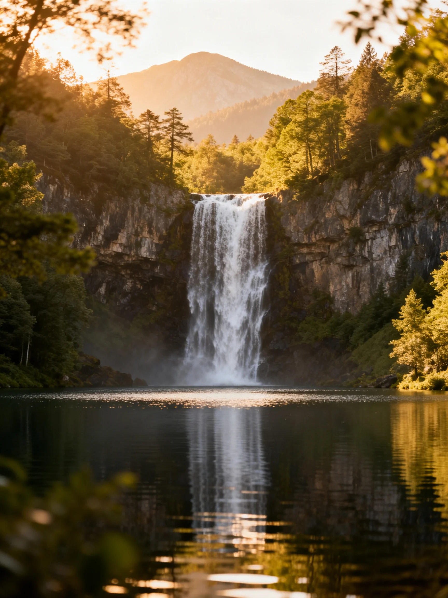 Golden-hour waterfall cascades into calm lake near forested cliffs