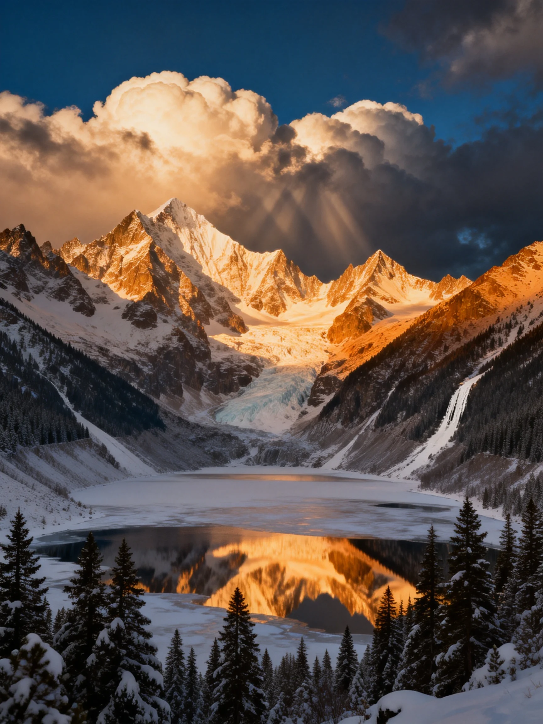Golden-hued Peaks Reflecting in a Snow-Covered Lake Under Dramatic Clouds