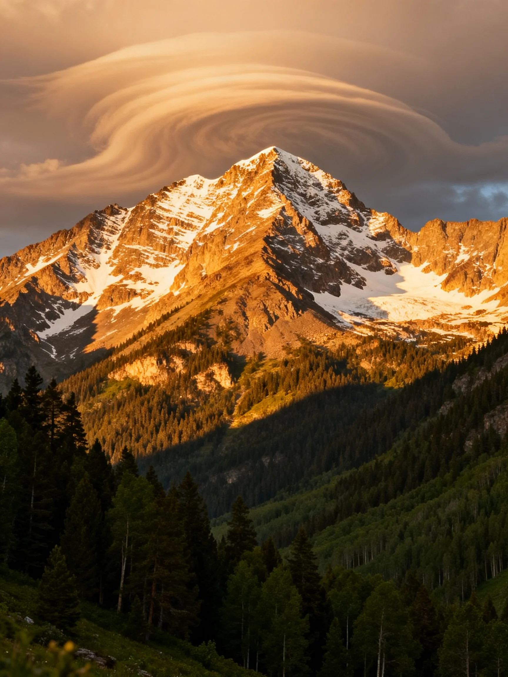 Golden-hued Snow-Capped Peak With Swirling Lenticular Clouds