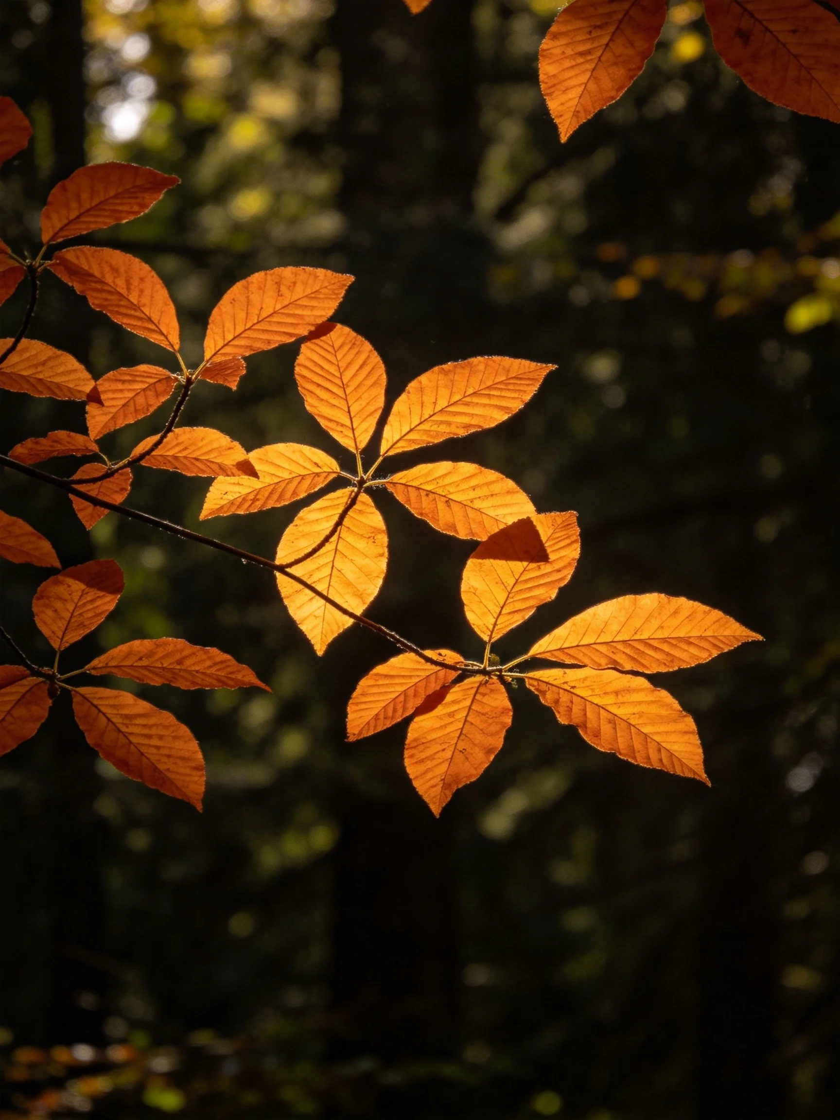 Golden-hued leaves illuminated by sunlight in dark forest