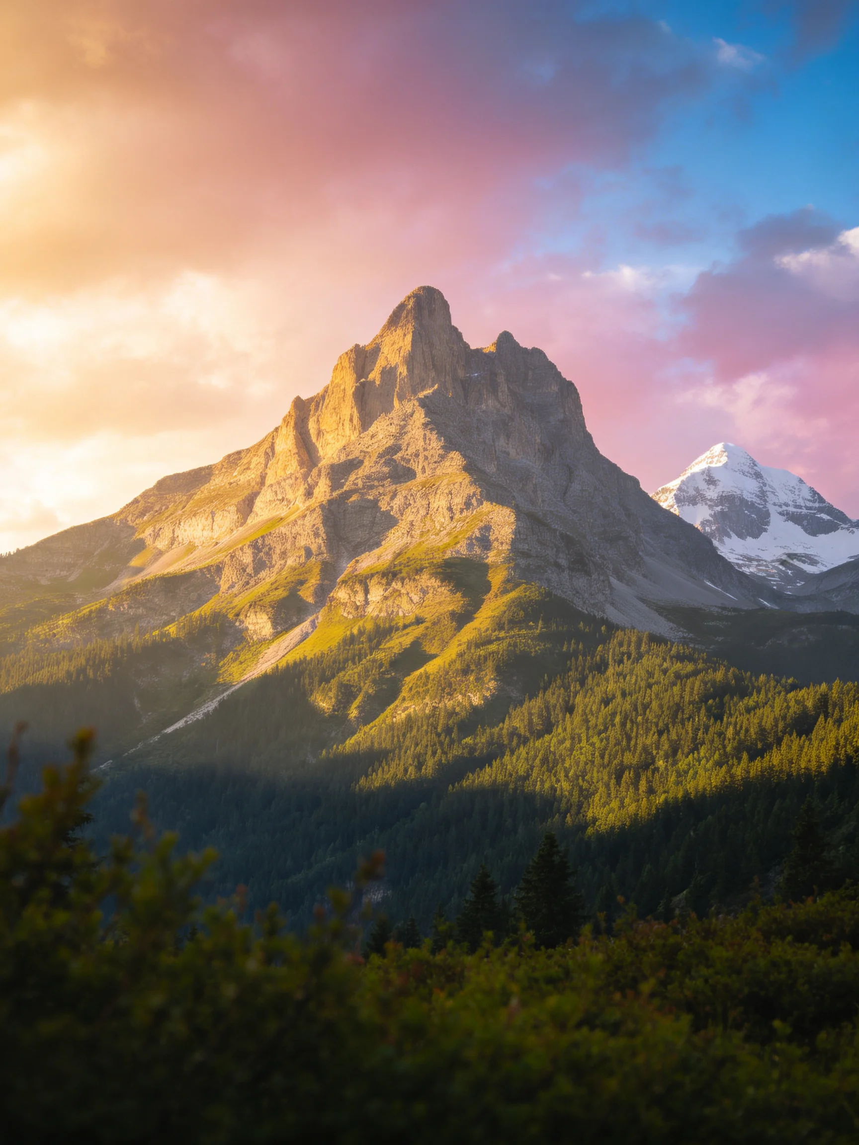 Golden-hued mountain peak with forested slopes and colorful sky