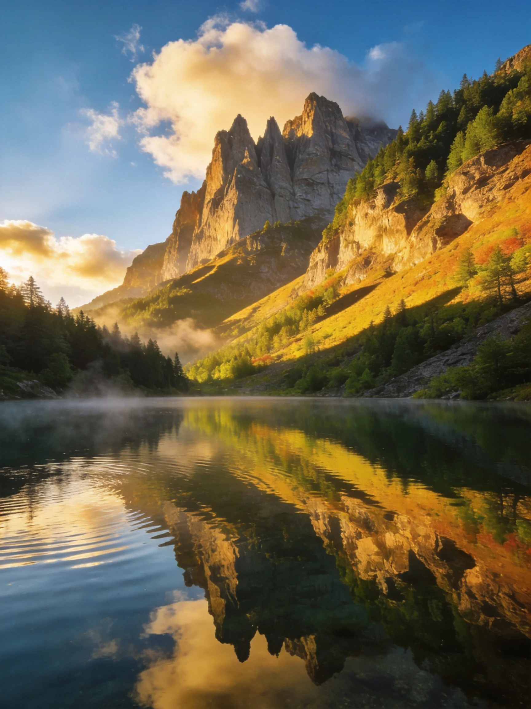 Golden-hued mountain peaks reflect in a serene lake