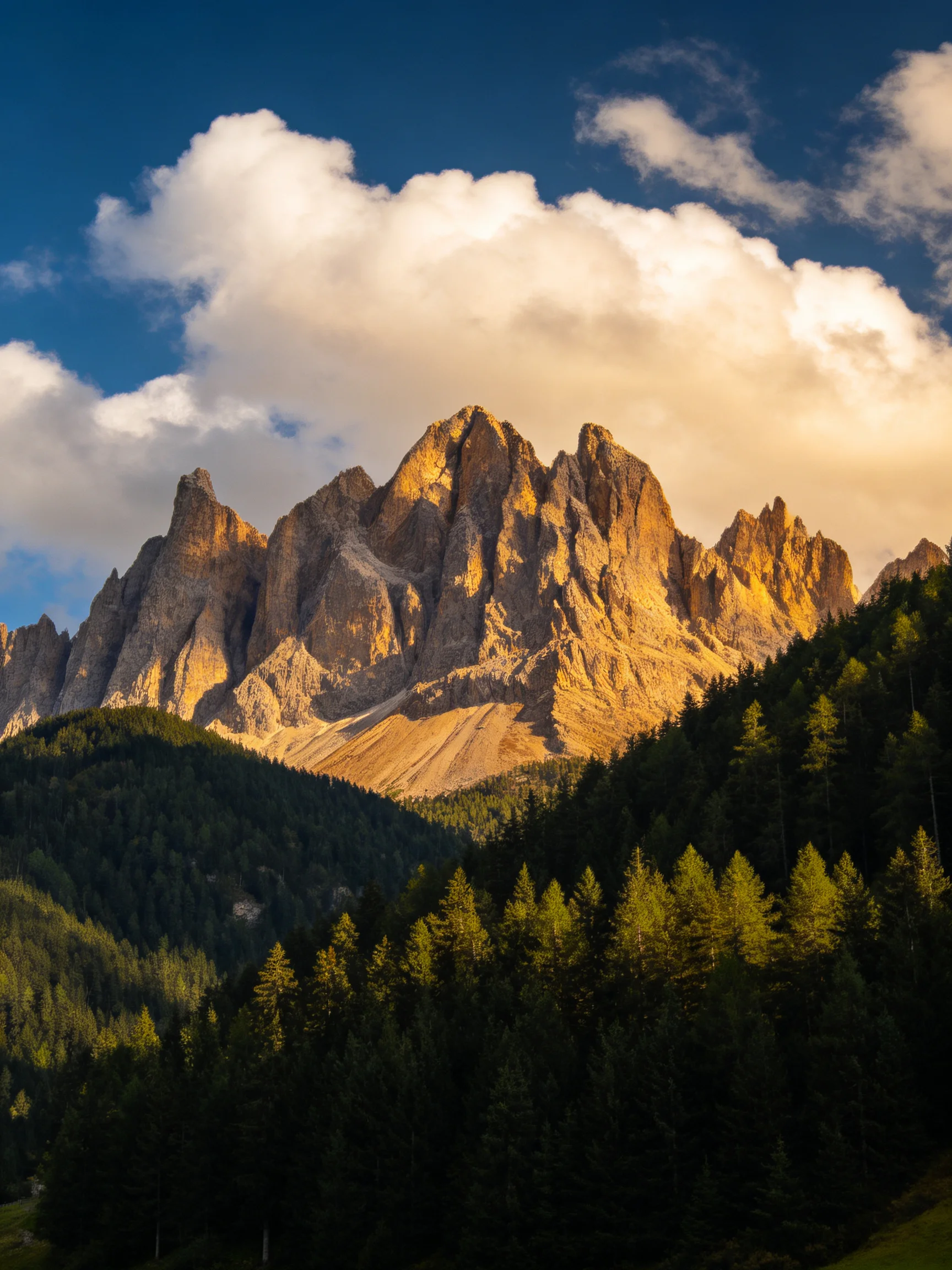 Golden-hued mountain peaks rise above dense green forests under a blue sky