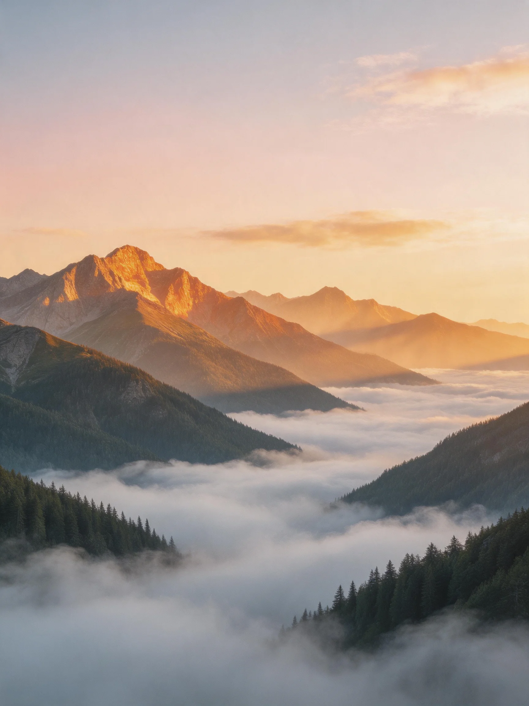 Golden-hued mountain peaks rise above misty valley clouds at dawn