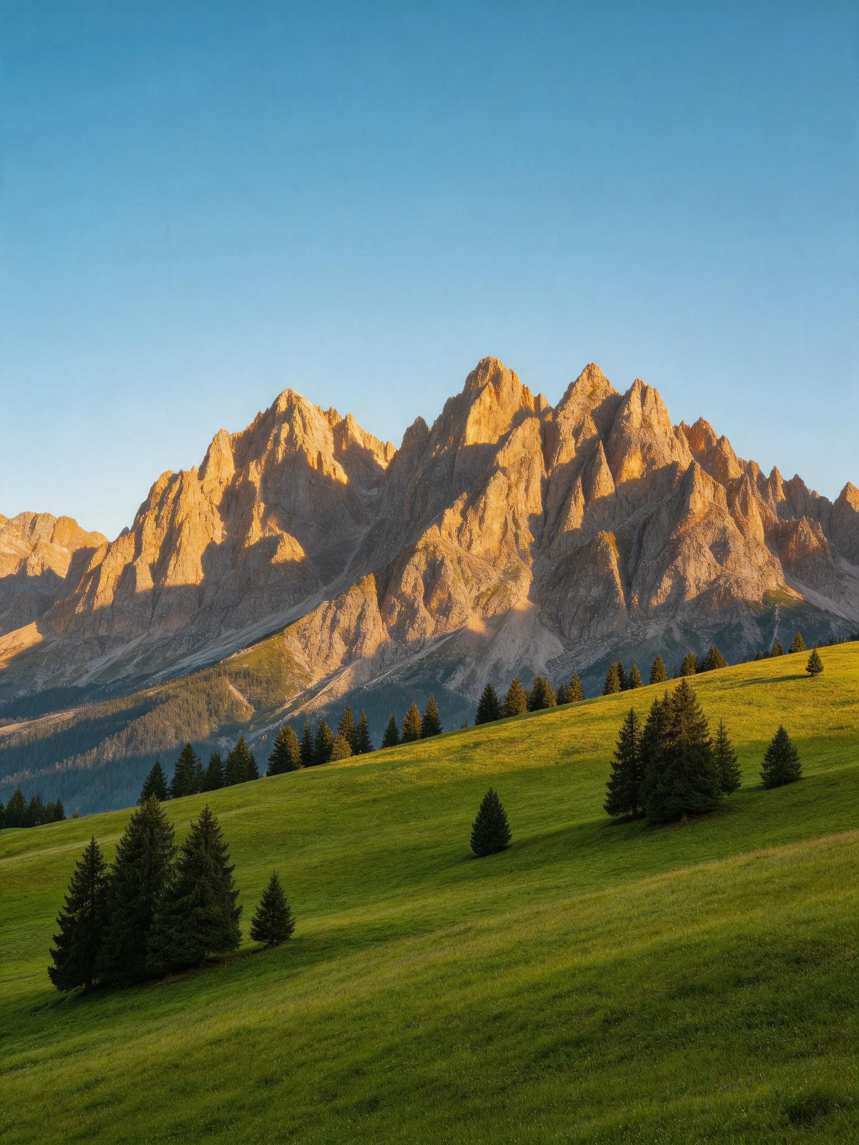 Golden-hued mountain peaks rise behind lush green meadows with scattered pine trees