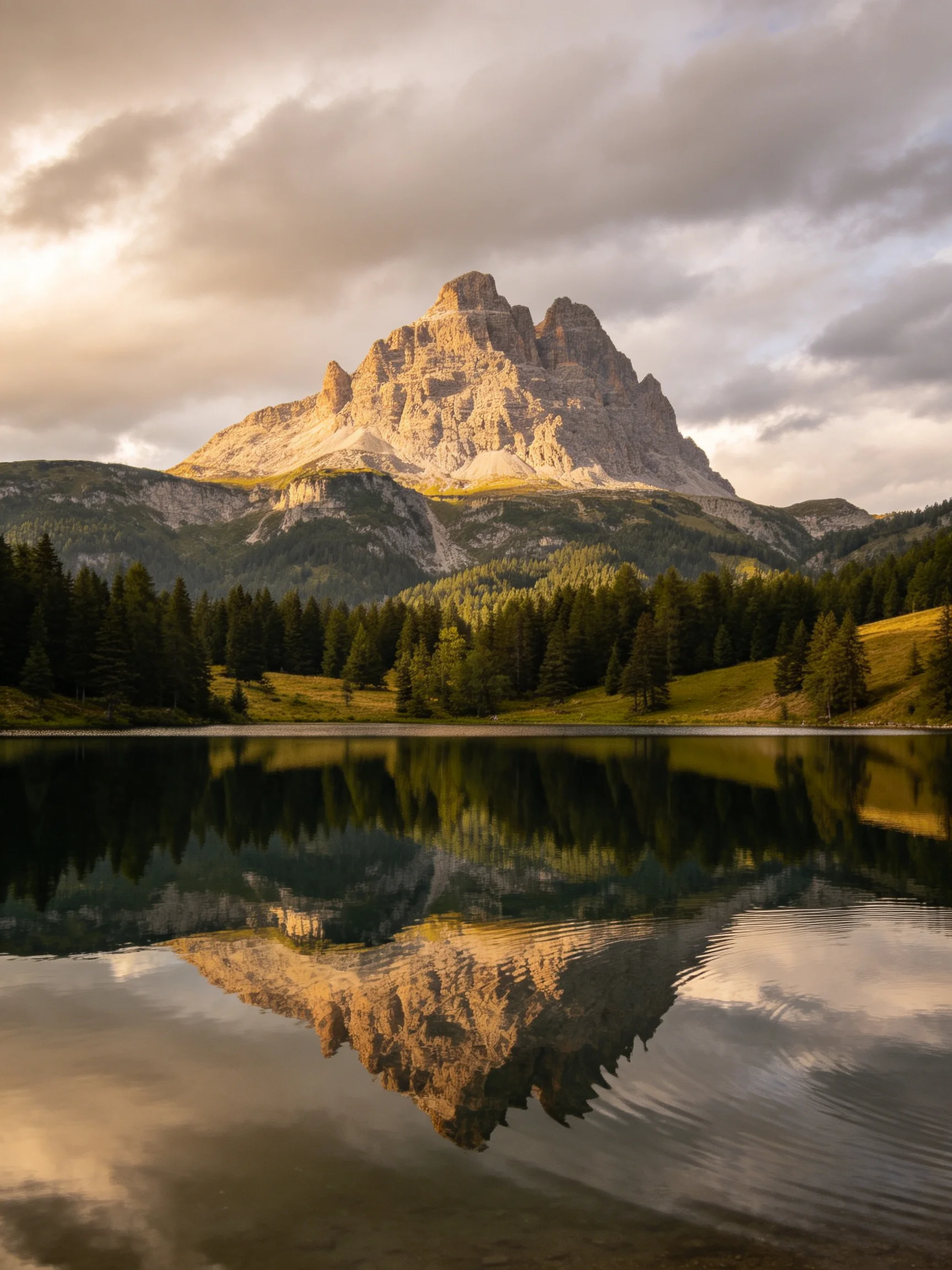 Golden-hued mountain reflected in calm lake with forested foreground