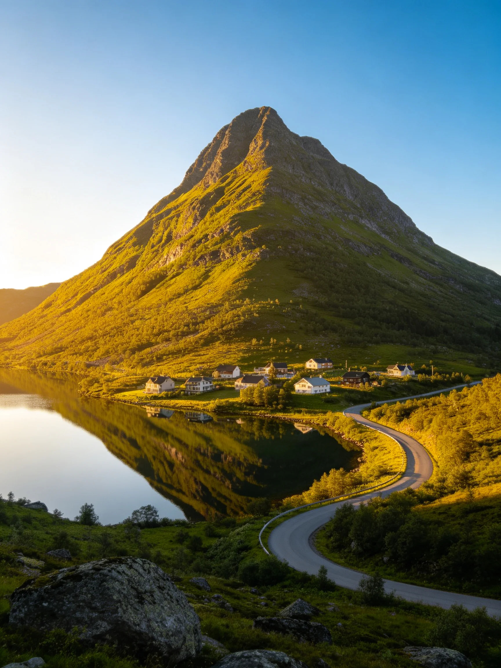 Golden-hued mountain reflects over tranquil village and winding road.