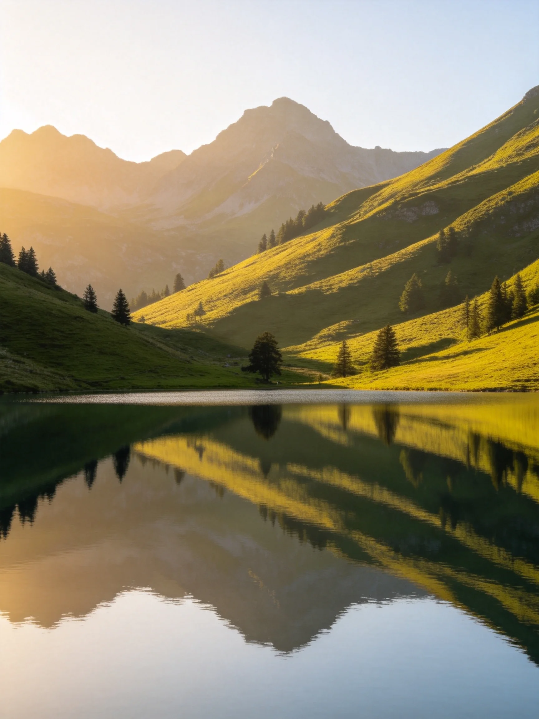 Golden-hued mountains reflect in a serene alpine lake