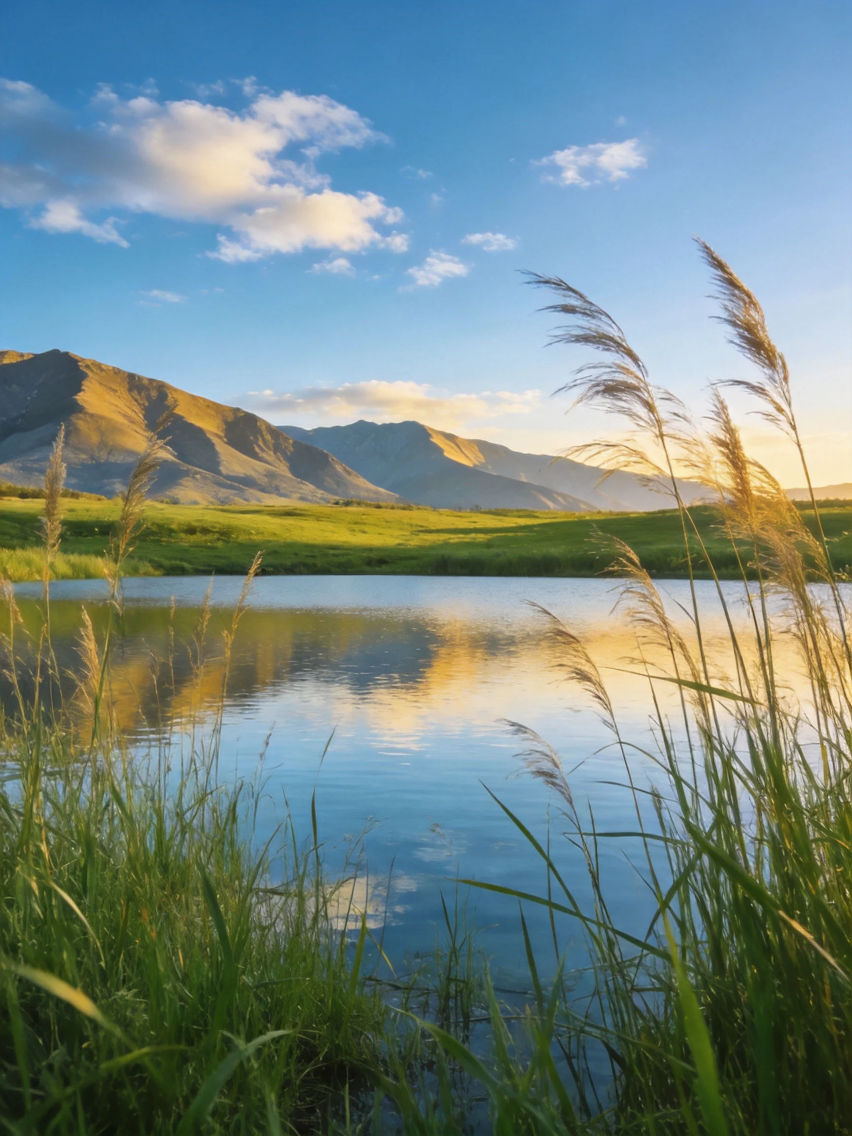 Golden-hued mountains reflect over a calm lake with tall grasses