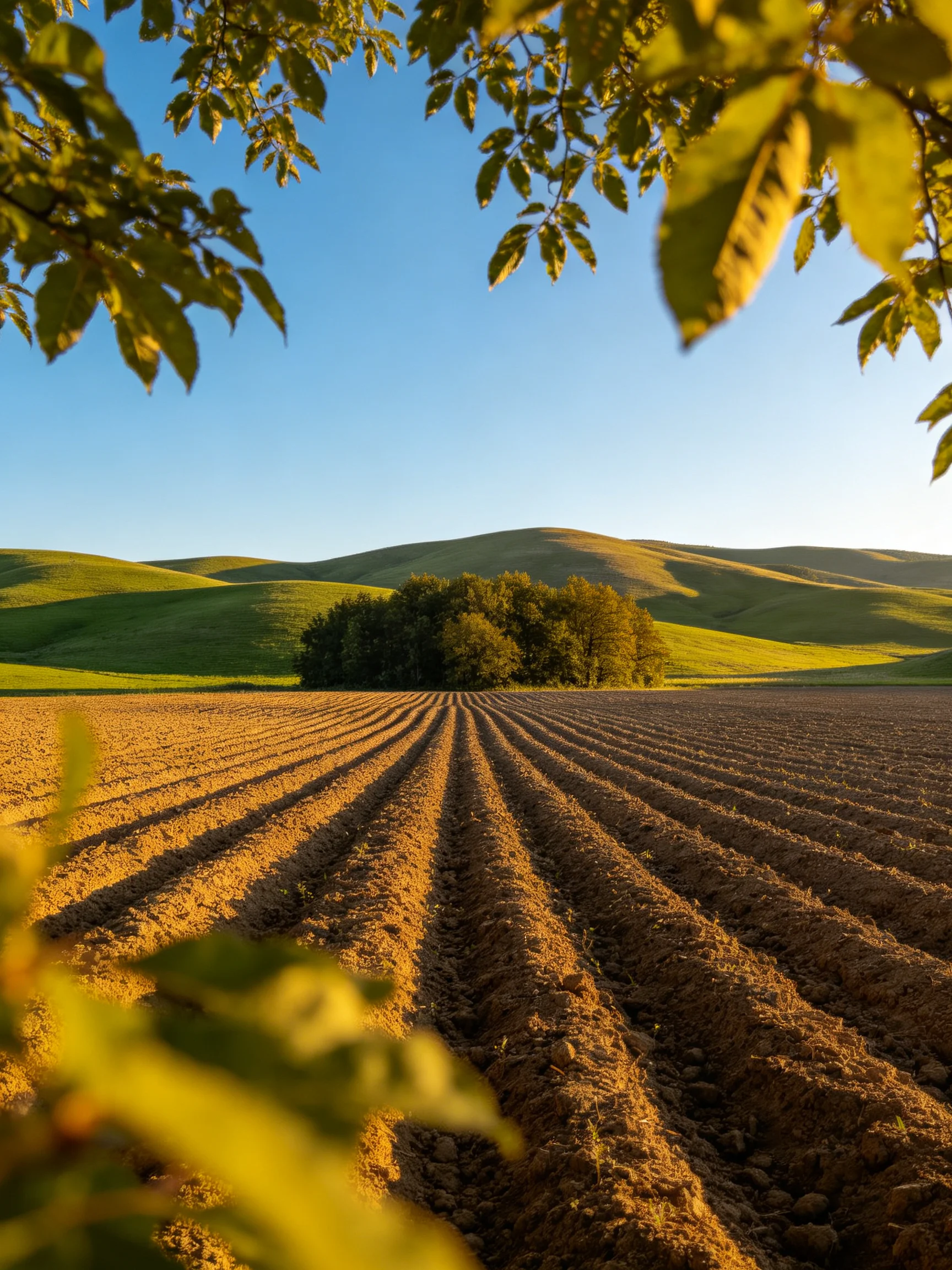 Golden-hued plowed field with rolling green hills and distant trees