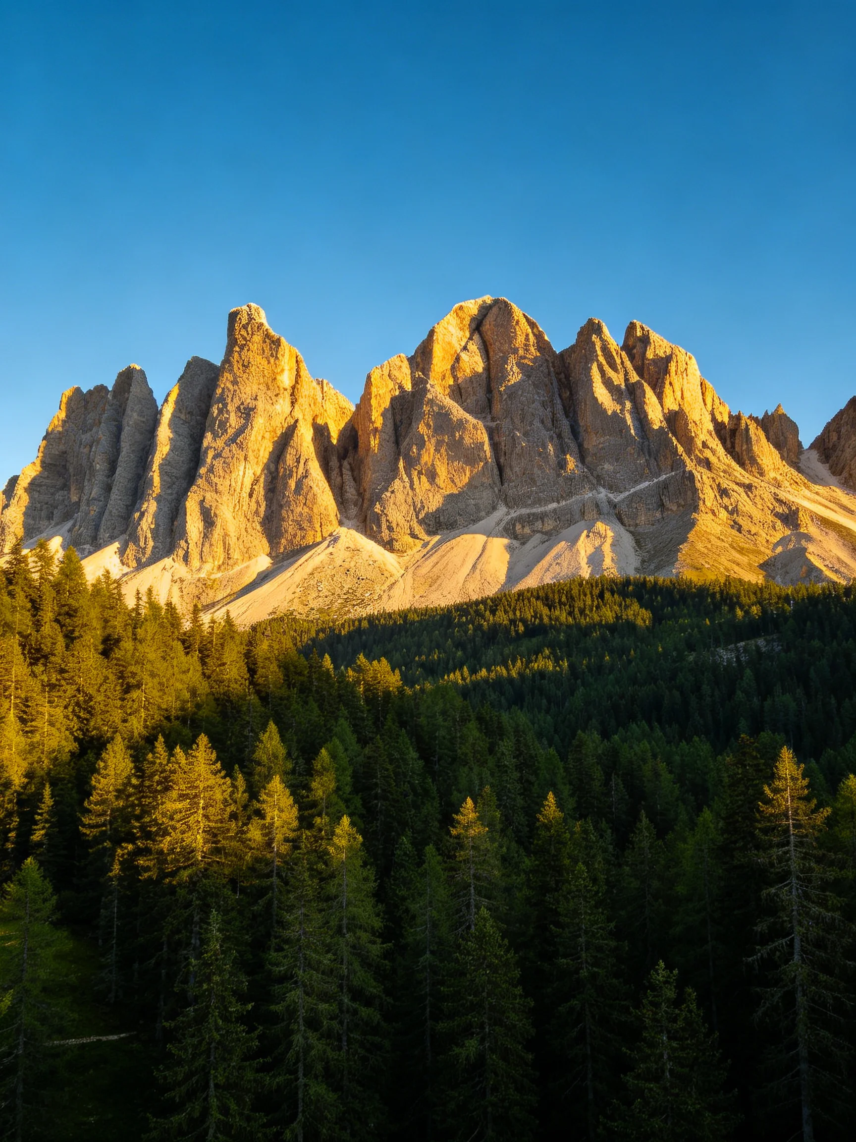 Golden-hued rocky peaks tower over dense evergreen forest under clear blue sky