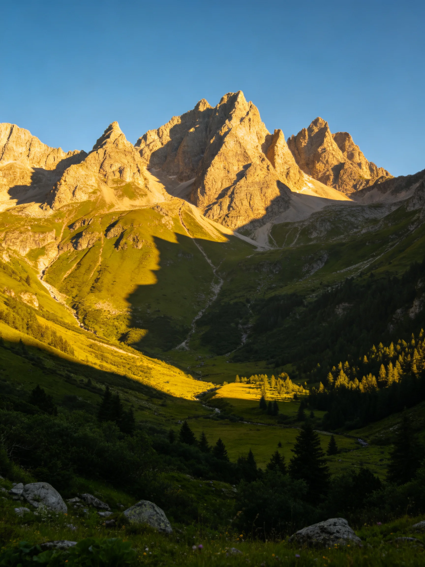 Golden-hued rocky peaks tower over verdant alpine valleys with clear blue skies