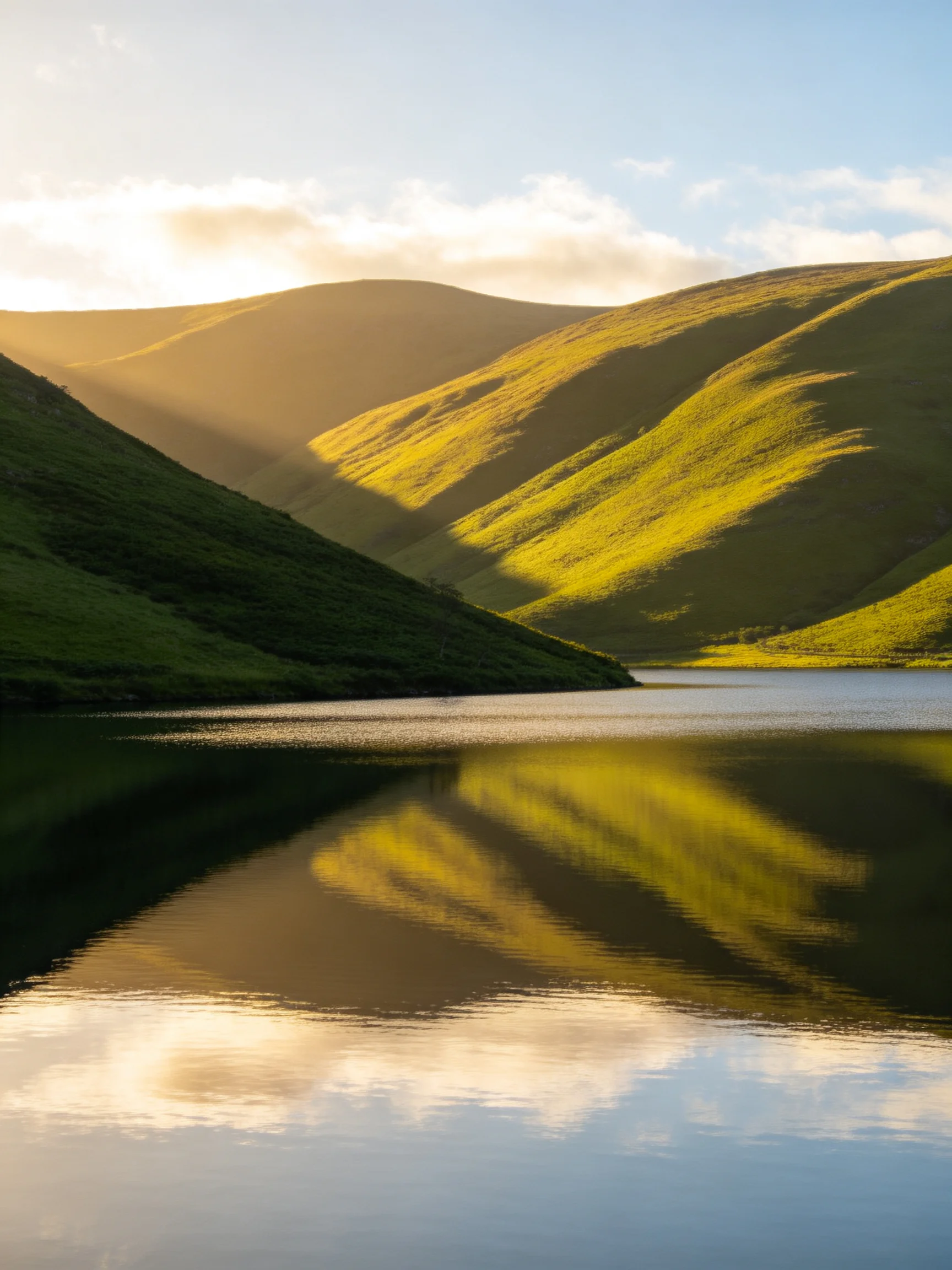 Golden-hued rolling hills reflect in a calm lake under soft sunlight