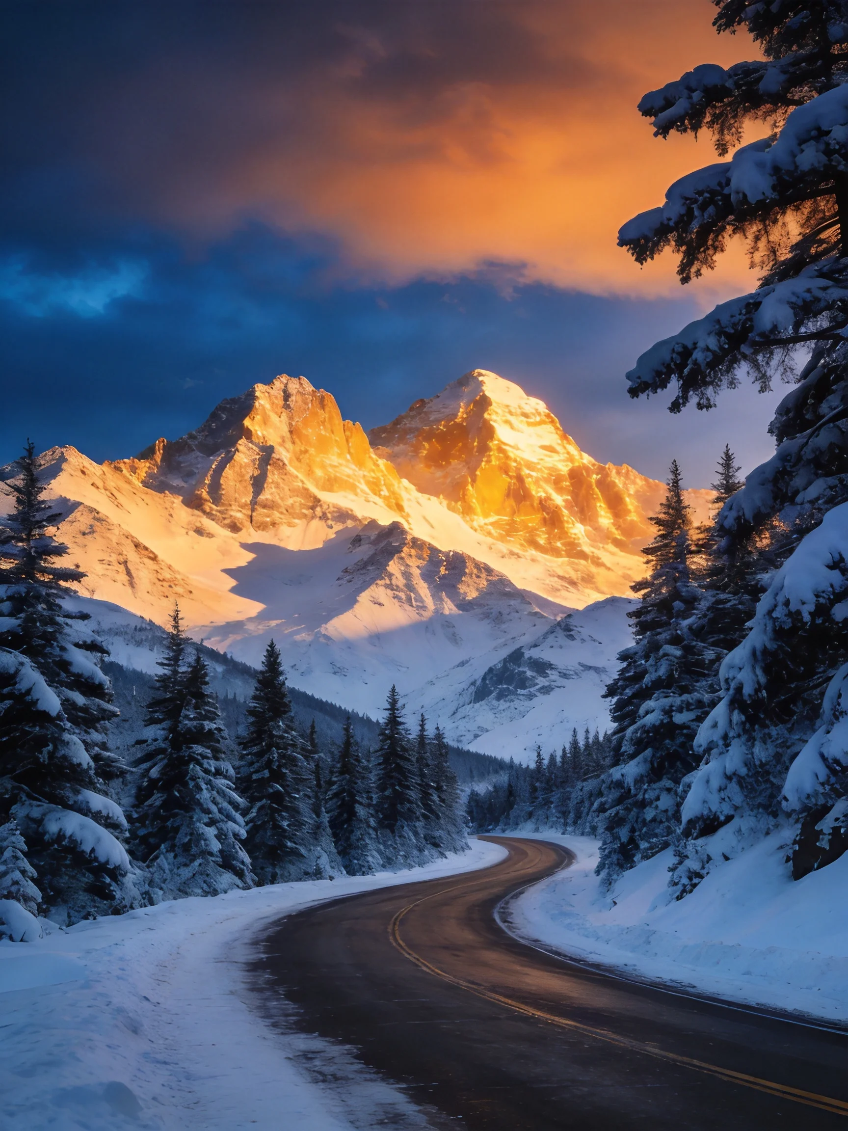 Golden-hued snow-capped mountains beside a winding winter road