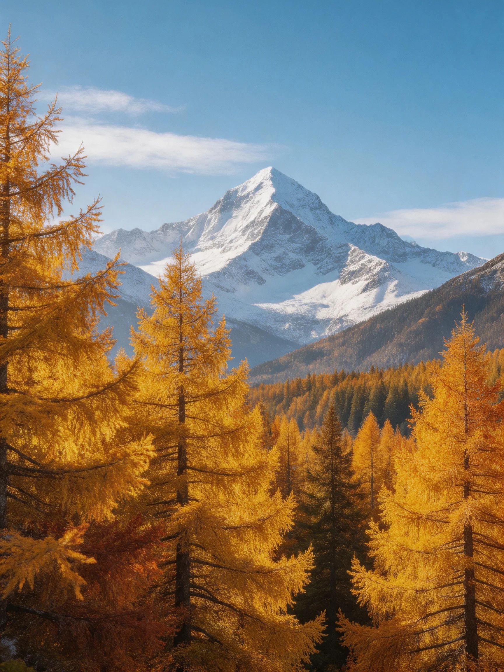 Golden larch trees and snow - capped mountain under clear blue sky