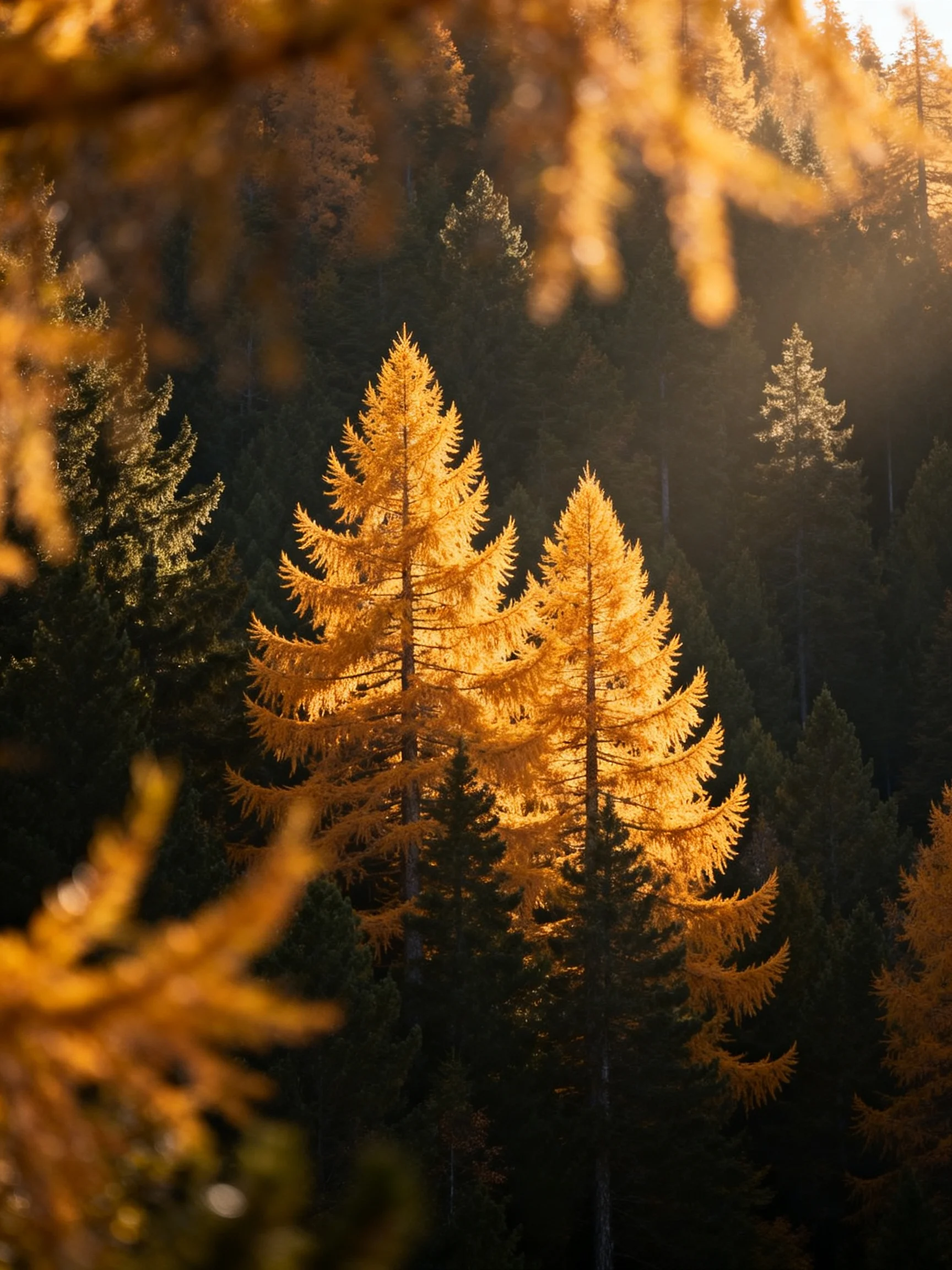 Golden larch trees illuminated amid dark forest foliage under warm sunlight
