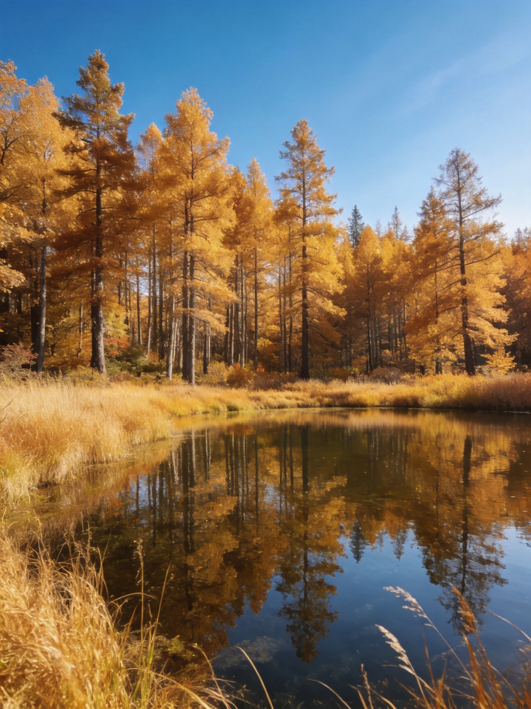 Golden larches reflect in a calm autumn pond