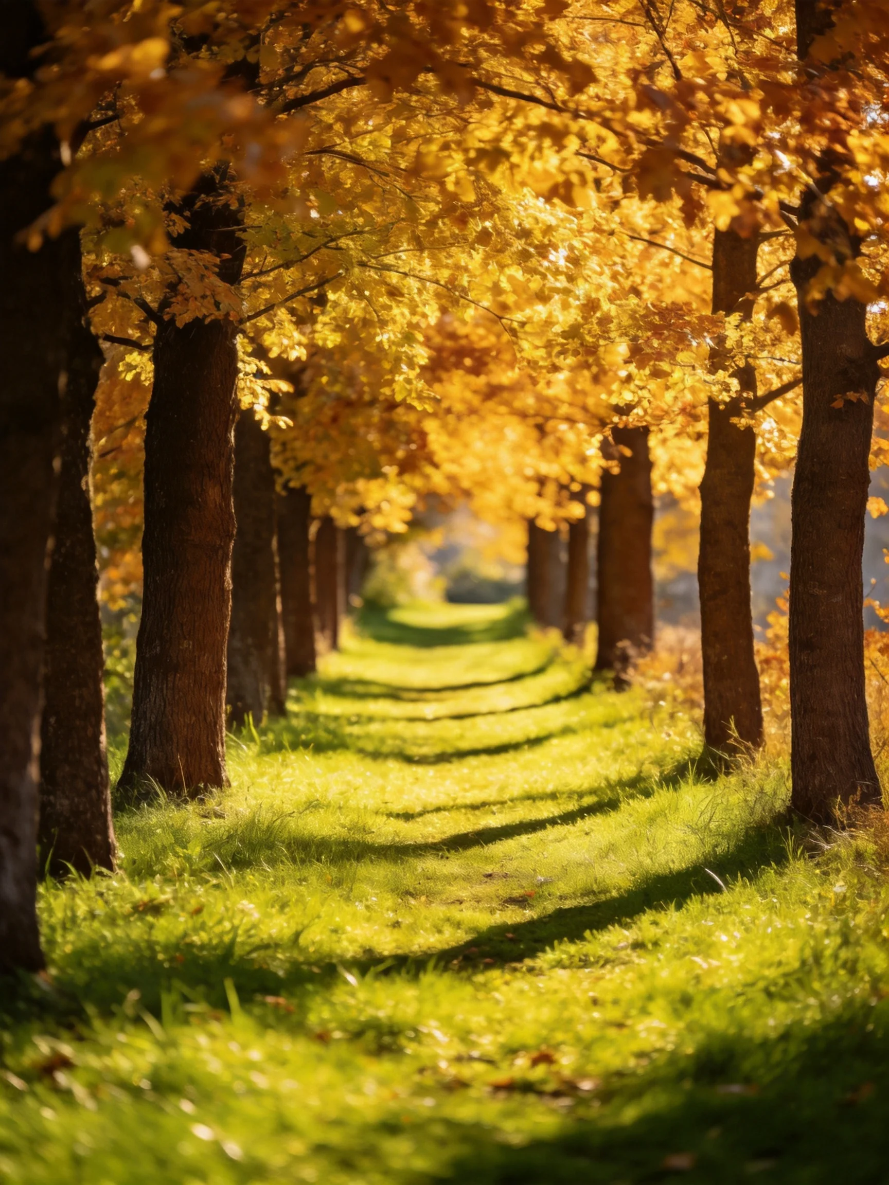 Golden-leaved tree row creates a sunlit green pathway