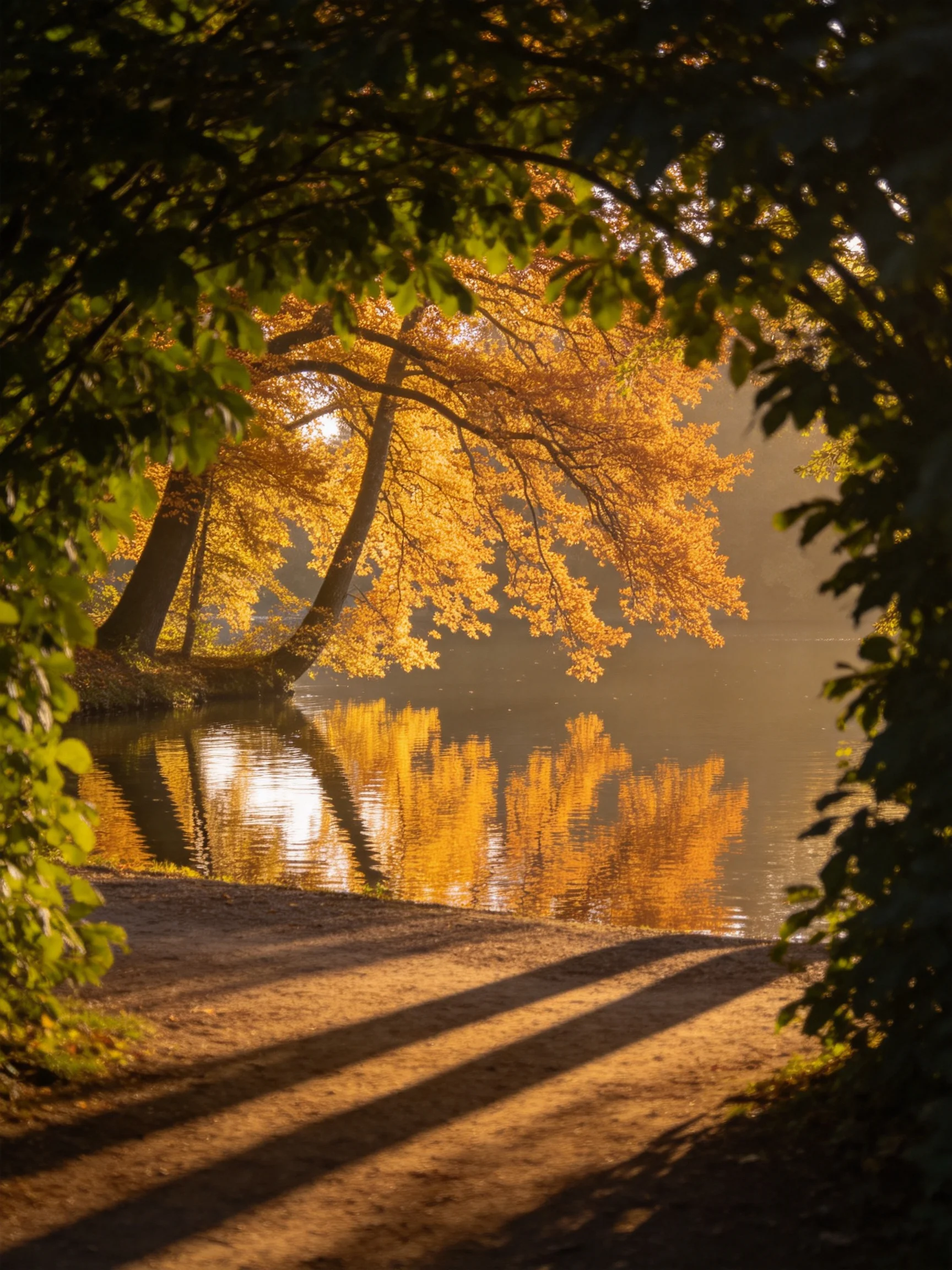 Golden-leaved trees reflect in calm water near a sunlit path
