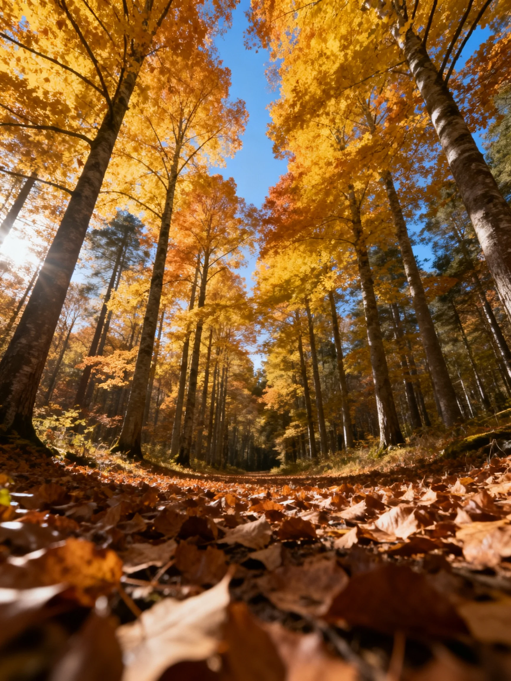 Golden-leaved trees tower over an autumnal forest path blanketed with fallen leaves