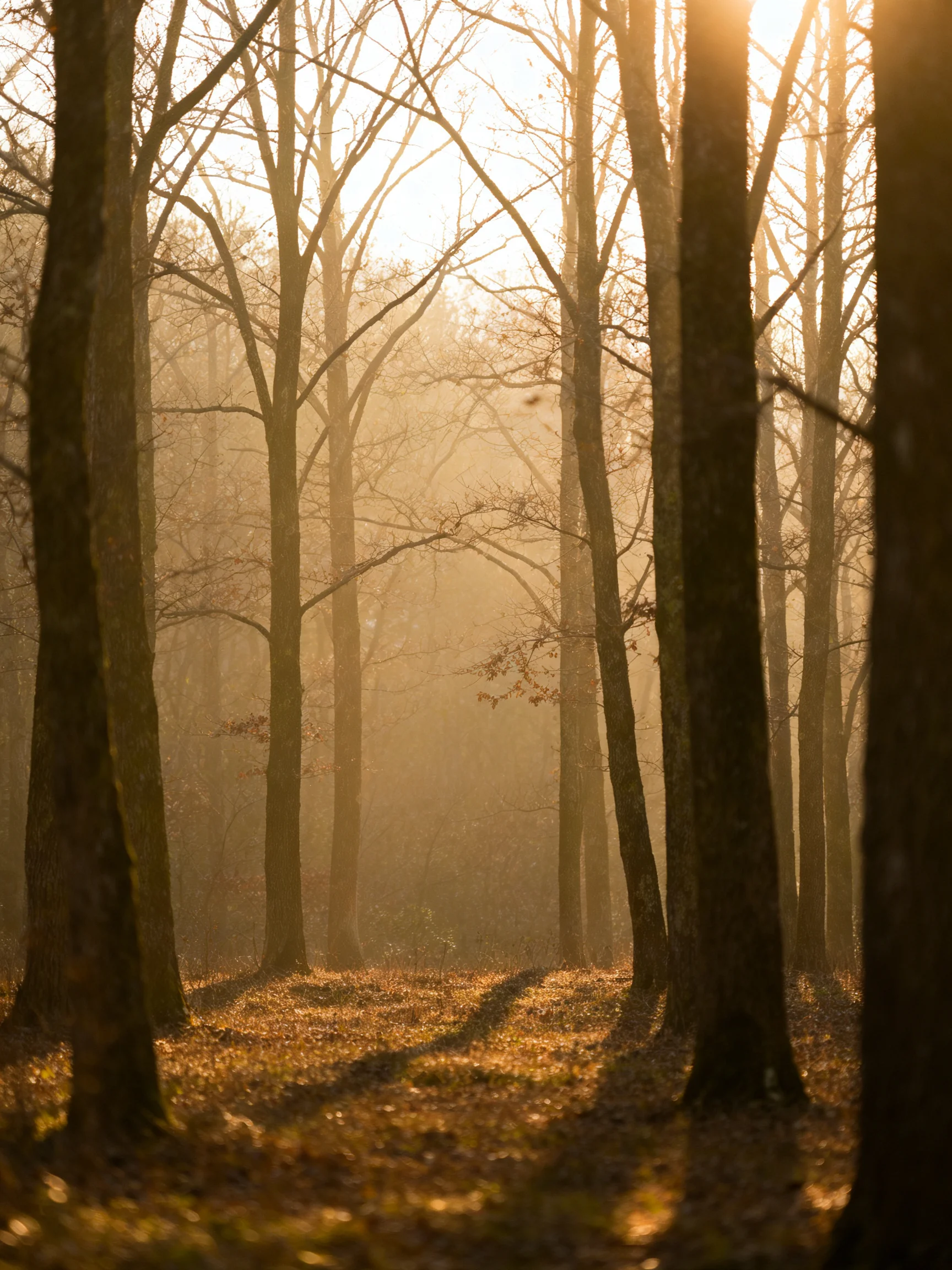 Golden light filters through tall bare trees in a misty forest