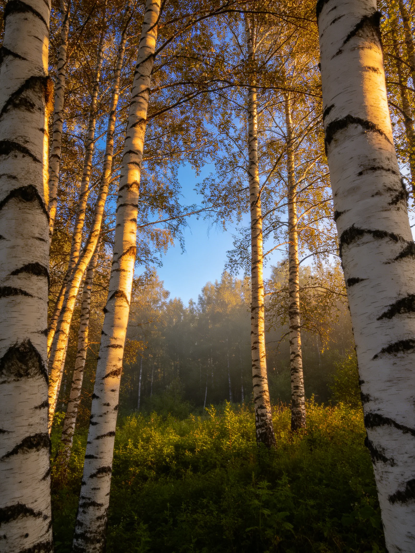 Golden light streams through tall birch trees in a misty forest