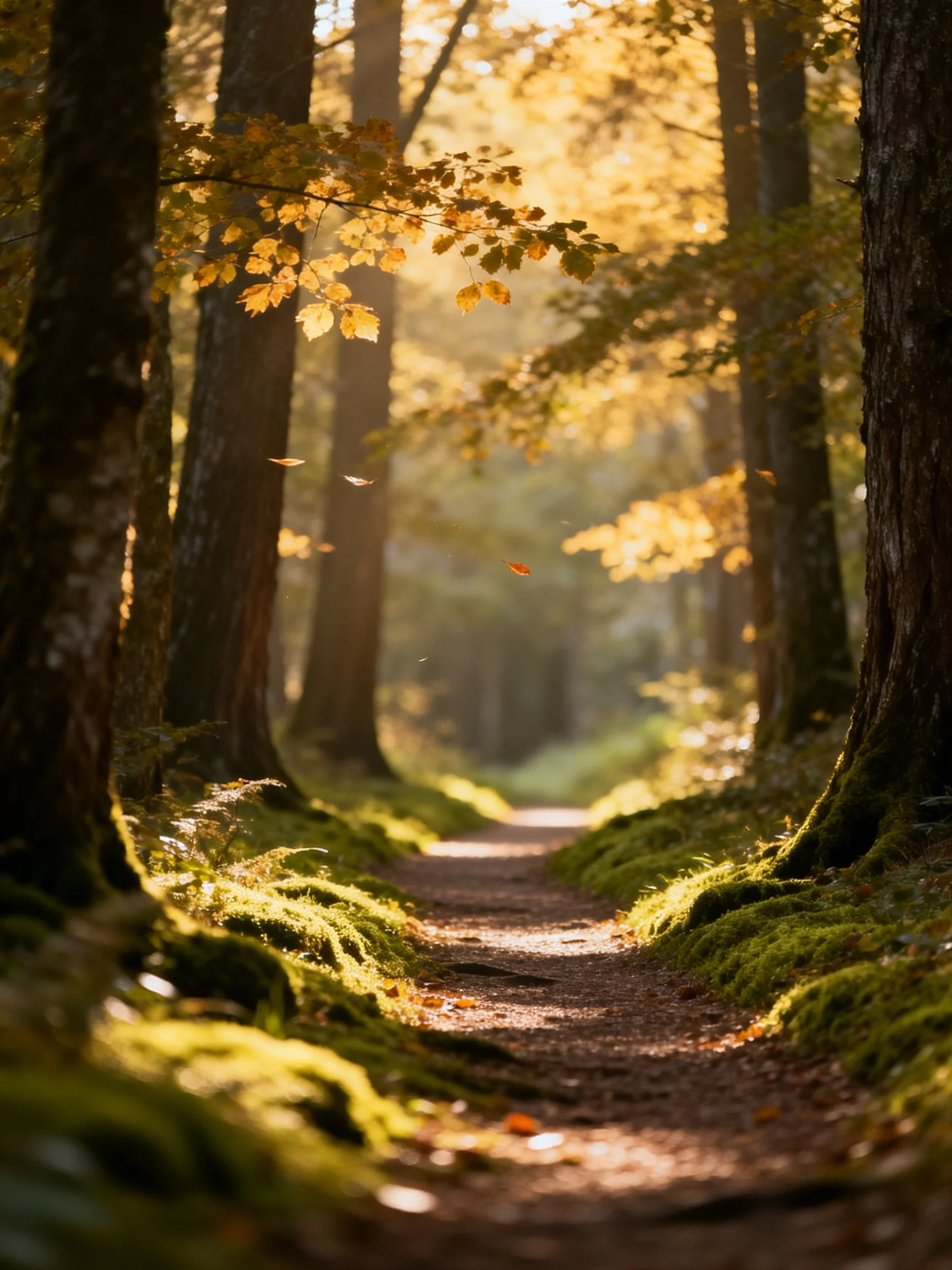 Golden-lit forest path bordered by towering trees and mossy terrain