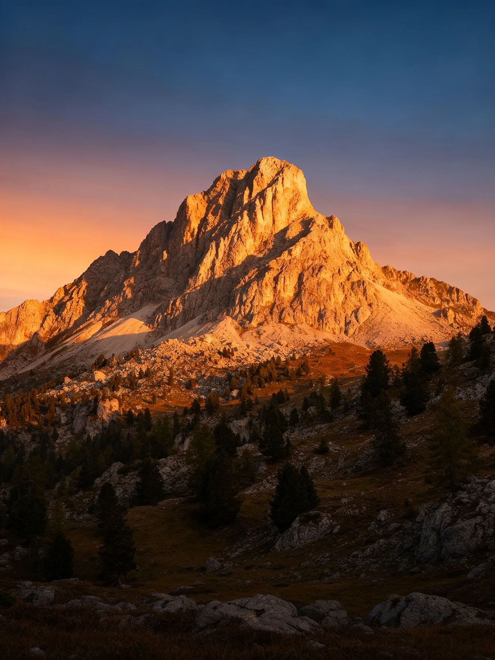 Golden-lit rocky mountain peak at dusk with rugged landscape