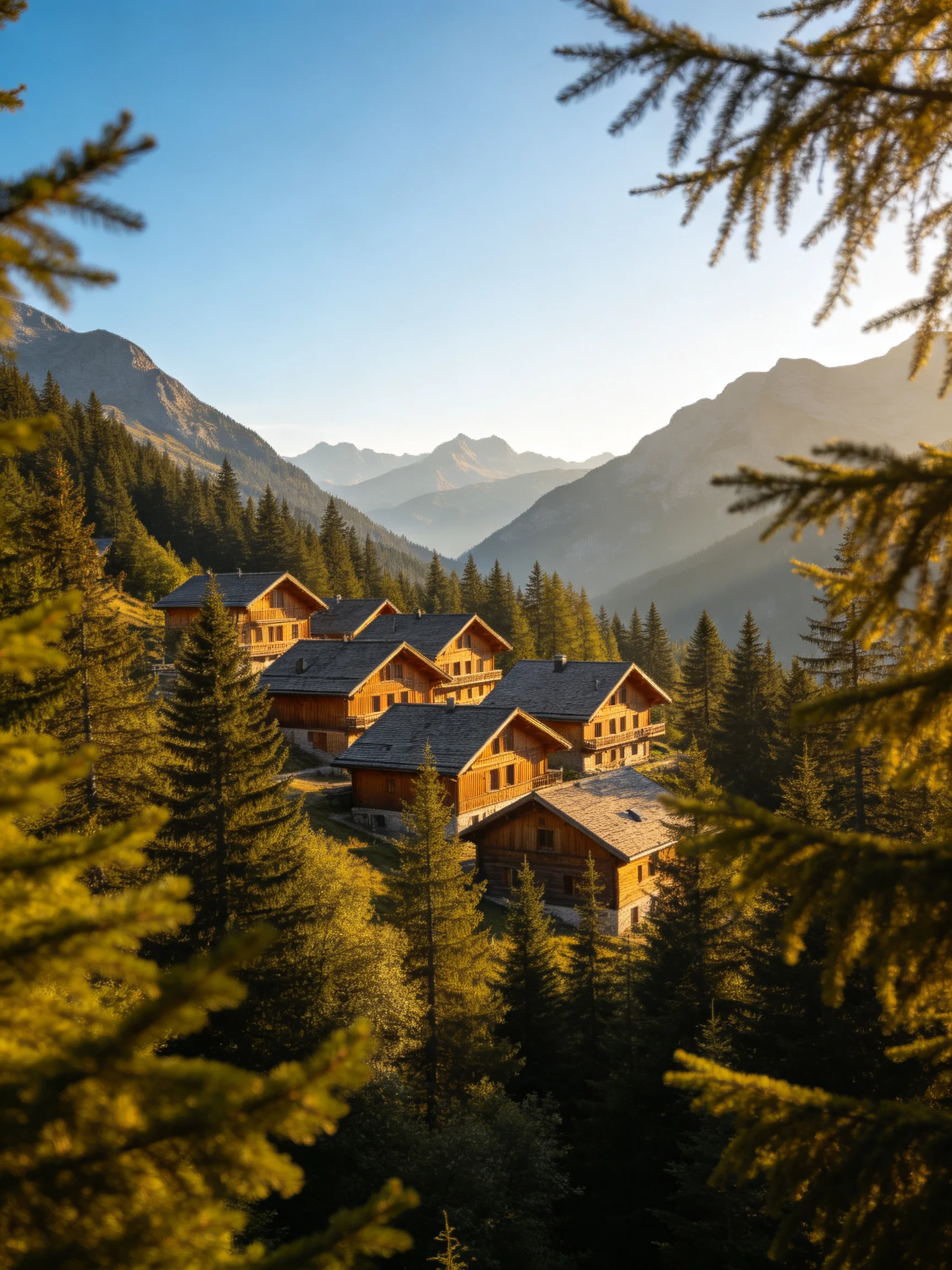 Golden-lit wooden cabins nestled among dense forests and mountain peaks