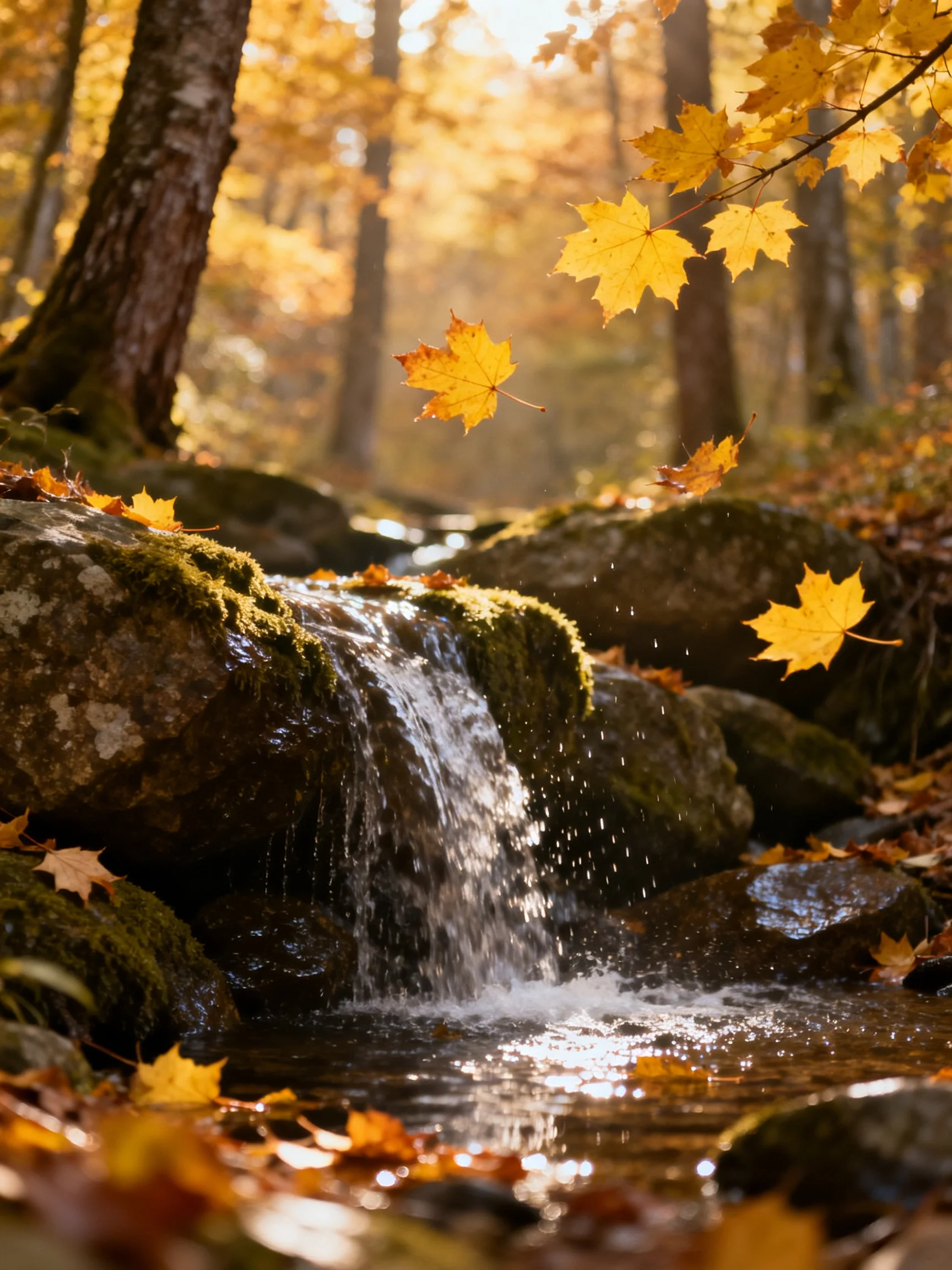 Golden maple leaves fall over moss-covered rocks near a trickling stream