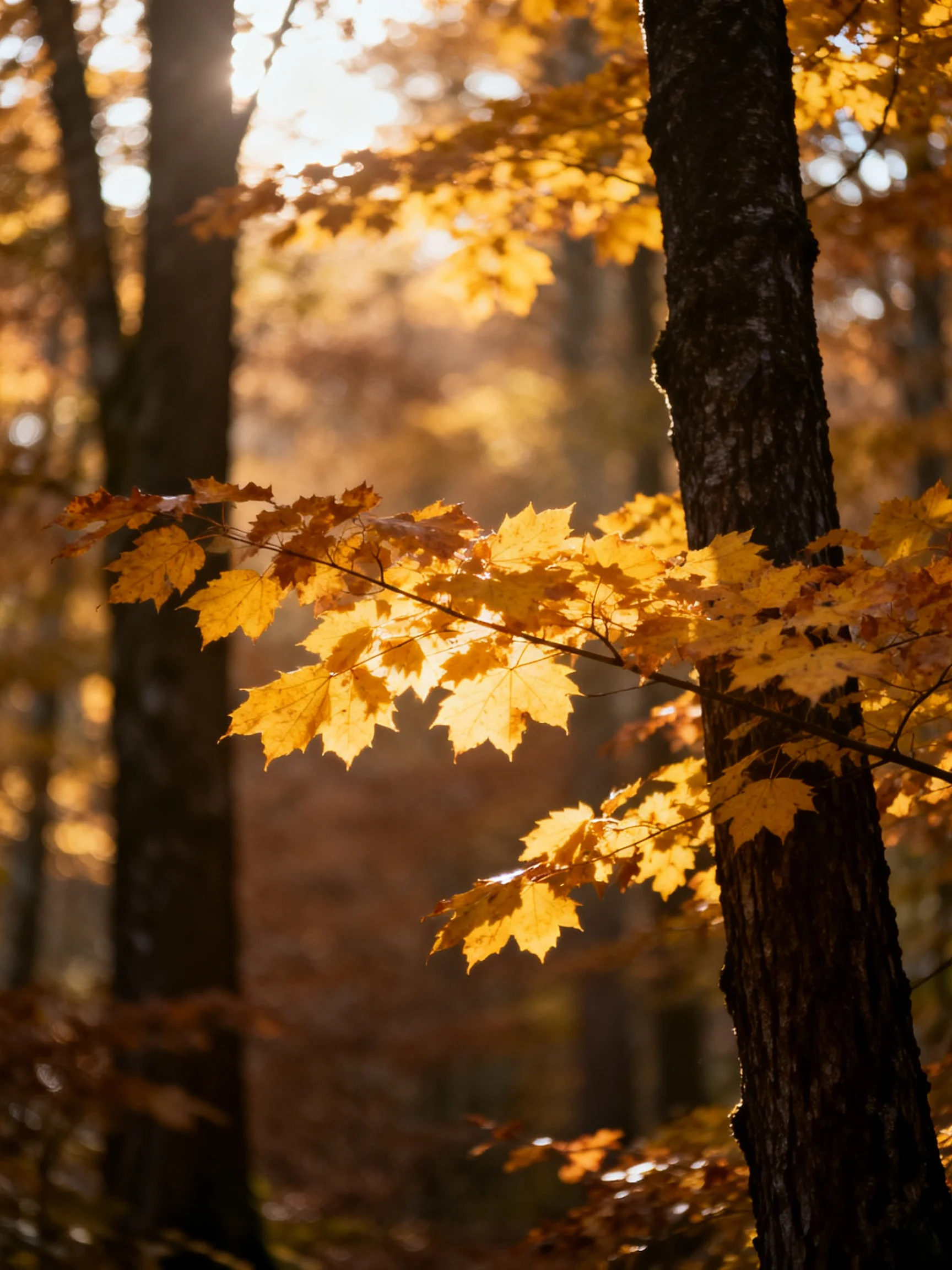 Golden maple leaves illuminated by sunlight through forest trees