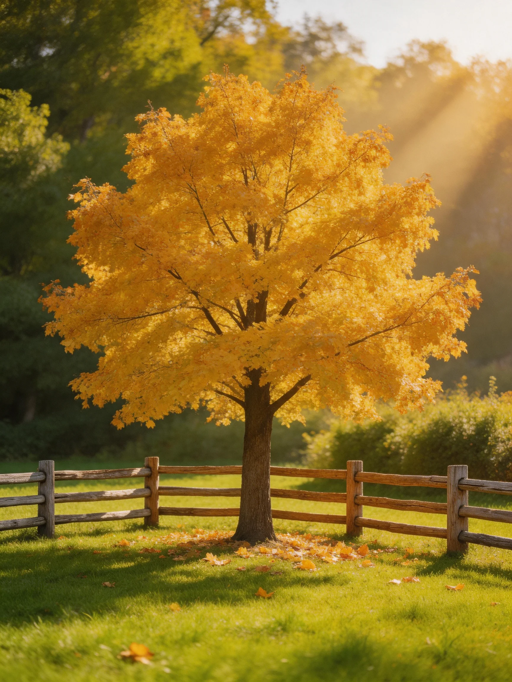 Golden maple tree behind a rustic wooden fence in autumn
