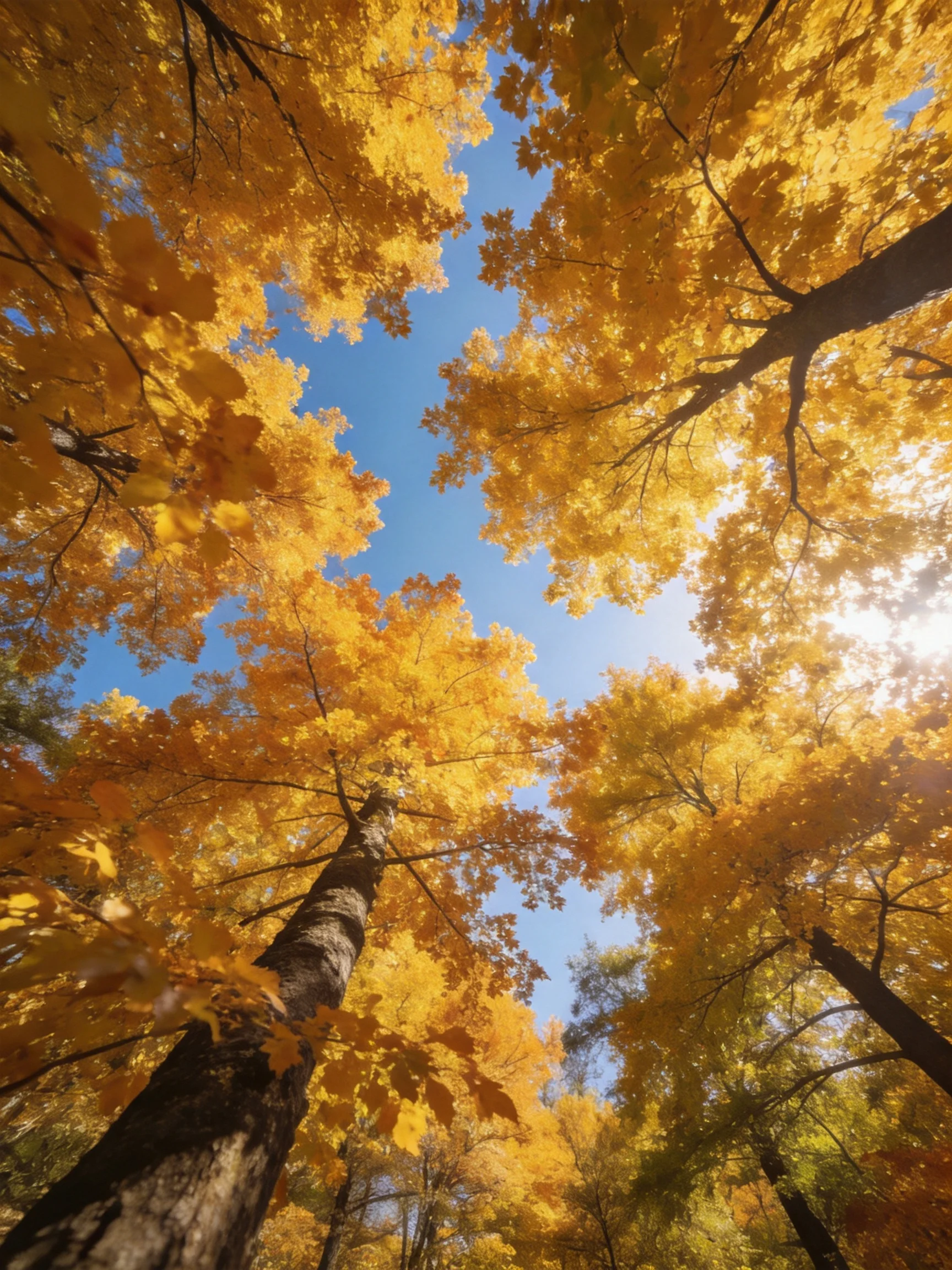 Golden maple trees fill the skyward view with autumn foliage
