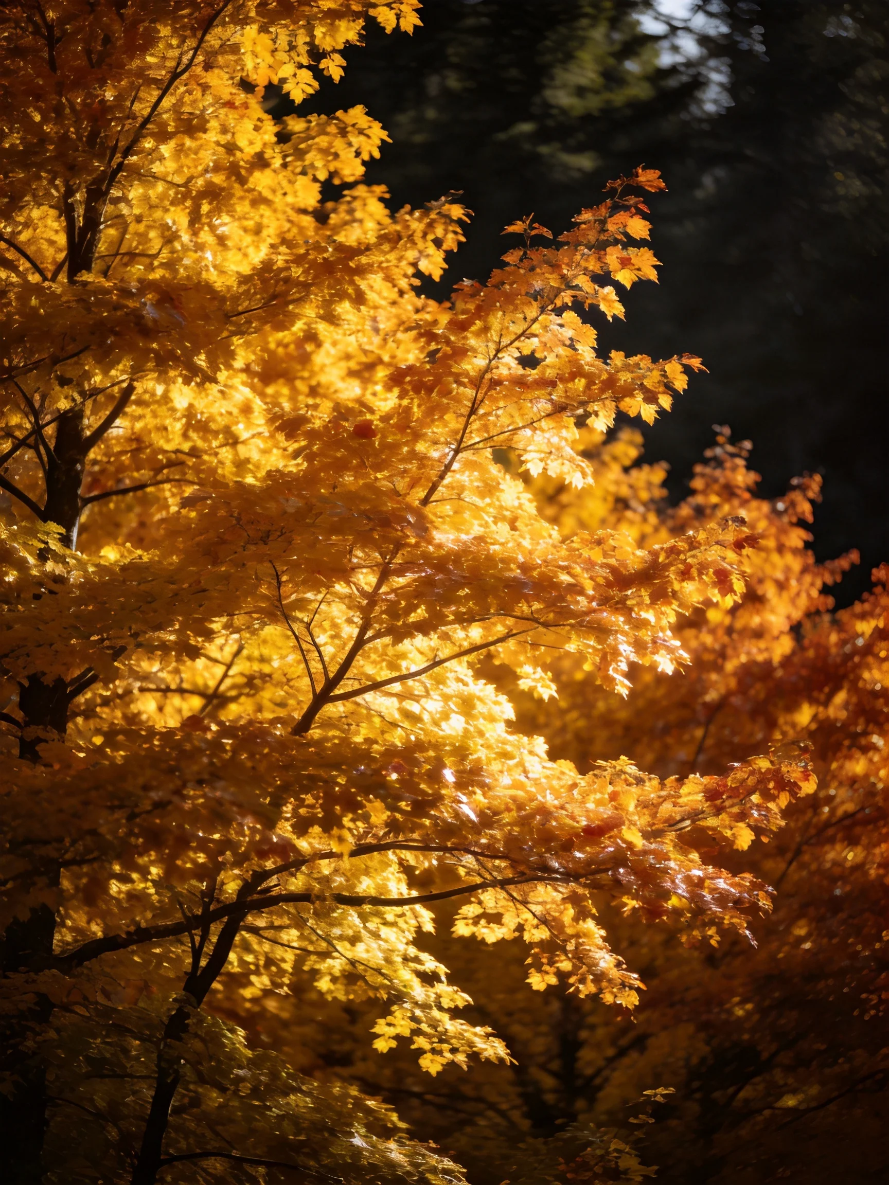 Golden maple trees glow with autumn huesagainst dark foliage.
