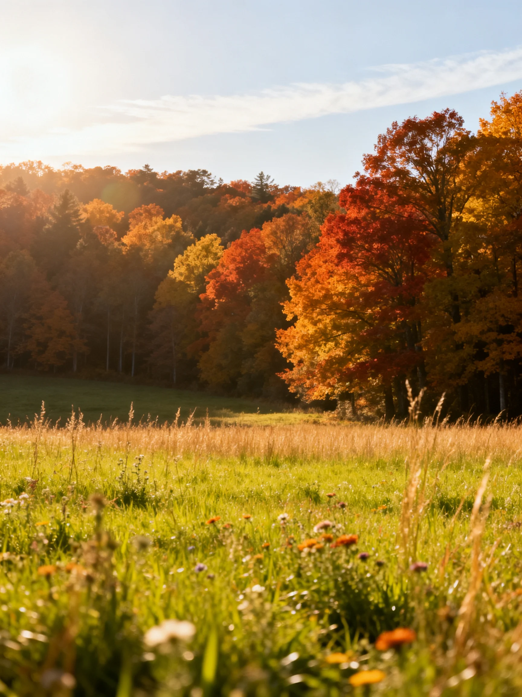 Golden meadow and vibrant autumn forest under bright sunlight