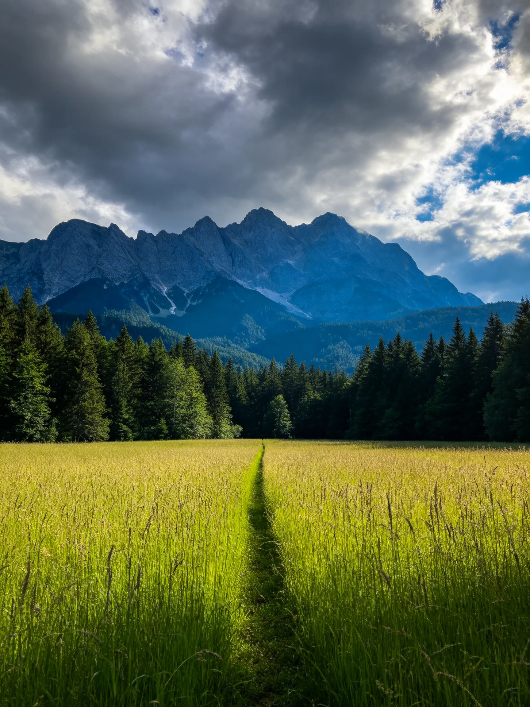 Golden meadow leads toward towering blue mountains under dramatic clouds